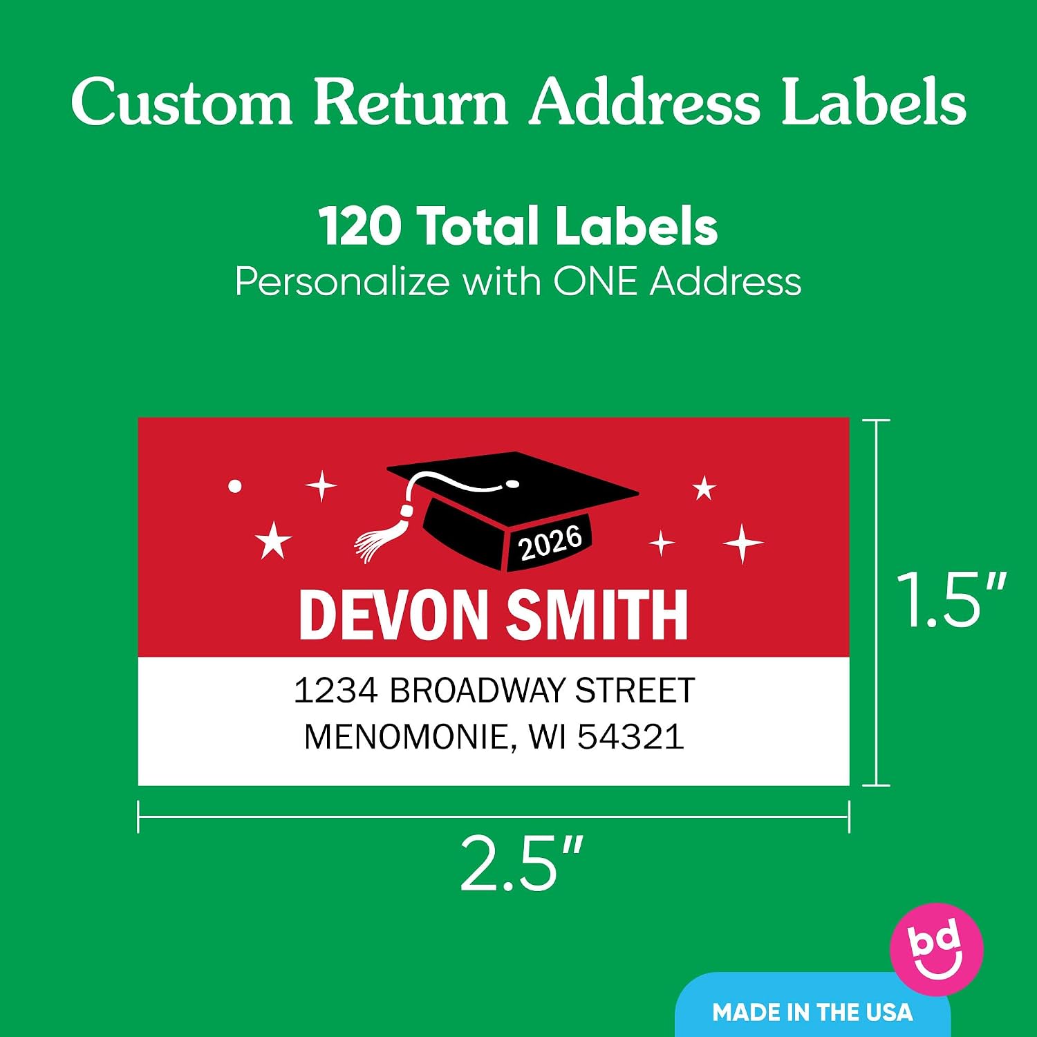 Big Dot of Happiness Red Grad Party Personalized Return Address Labels for Envelopes, Custom Stickers with Name & Address, Home Mailing Labels for Invites & Thank Yous - 120 Count