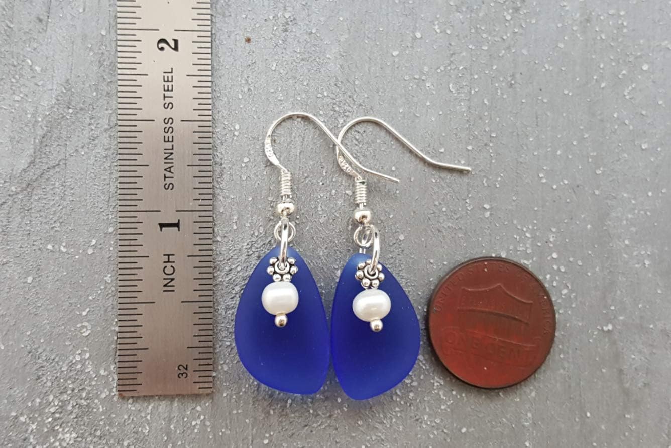 YInahawaii Handmade "Twin Simplicity" Cobalt sea glass earrings, "September Birthstone ", Natural pearls, (Hawaii Gift Wrapped, Turtle earrings