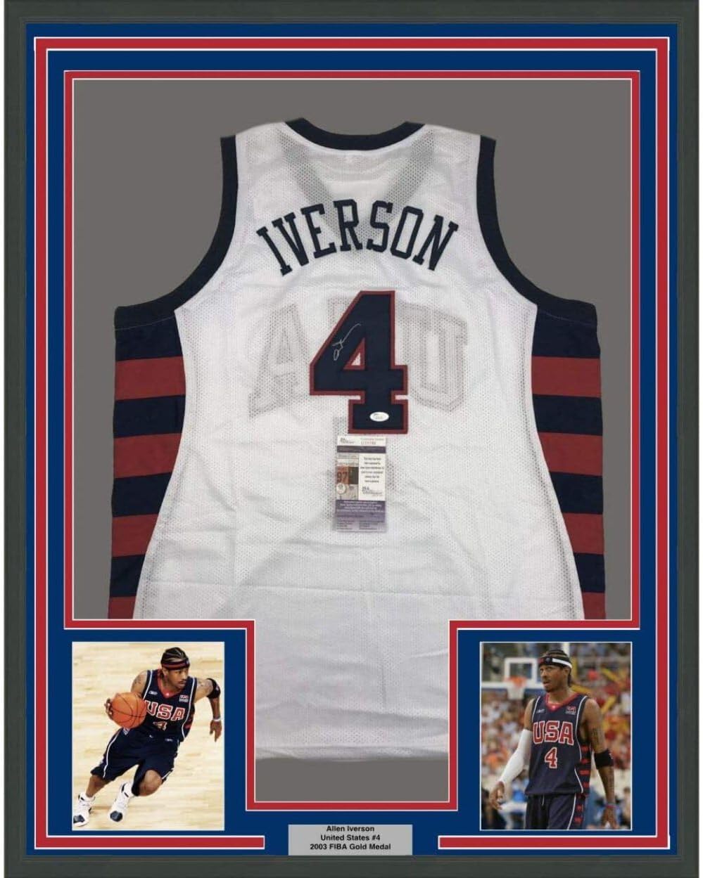 Framed Autographed/Signed Allen Iverson 33x42 United States USA White Olympics Basketball Jersey JSA COA