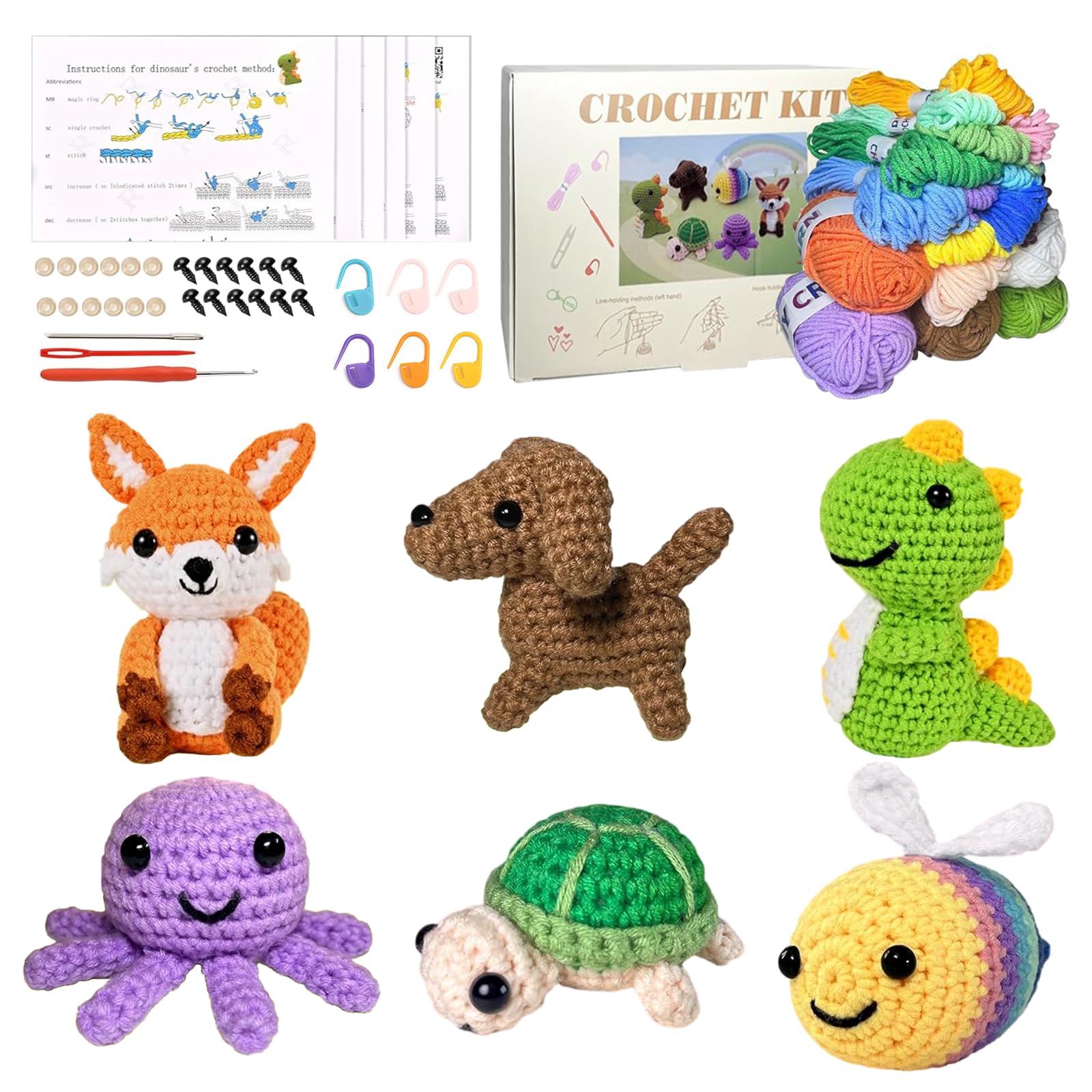 6 Pcs Crochet Kits for Beginners Adults and Kids, Animal Knitting Kit with Step by Step Videos Tutorials, Great Gift for Crochet Lovers DIY Handmade Crochet Holiday Gifts Great for a Special Day