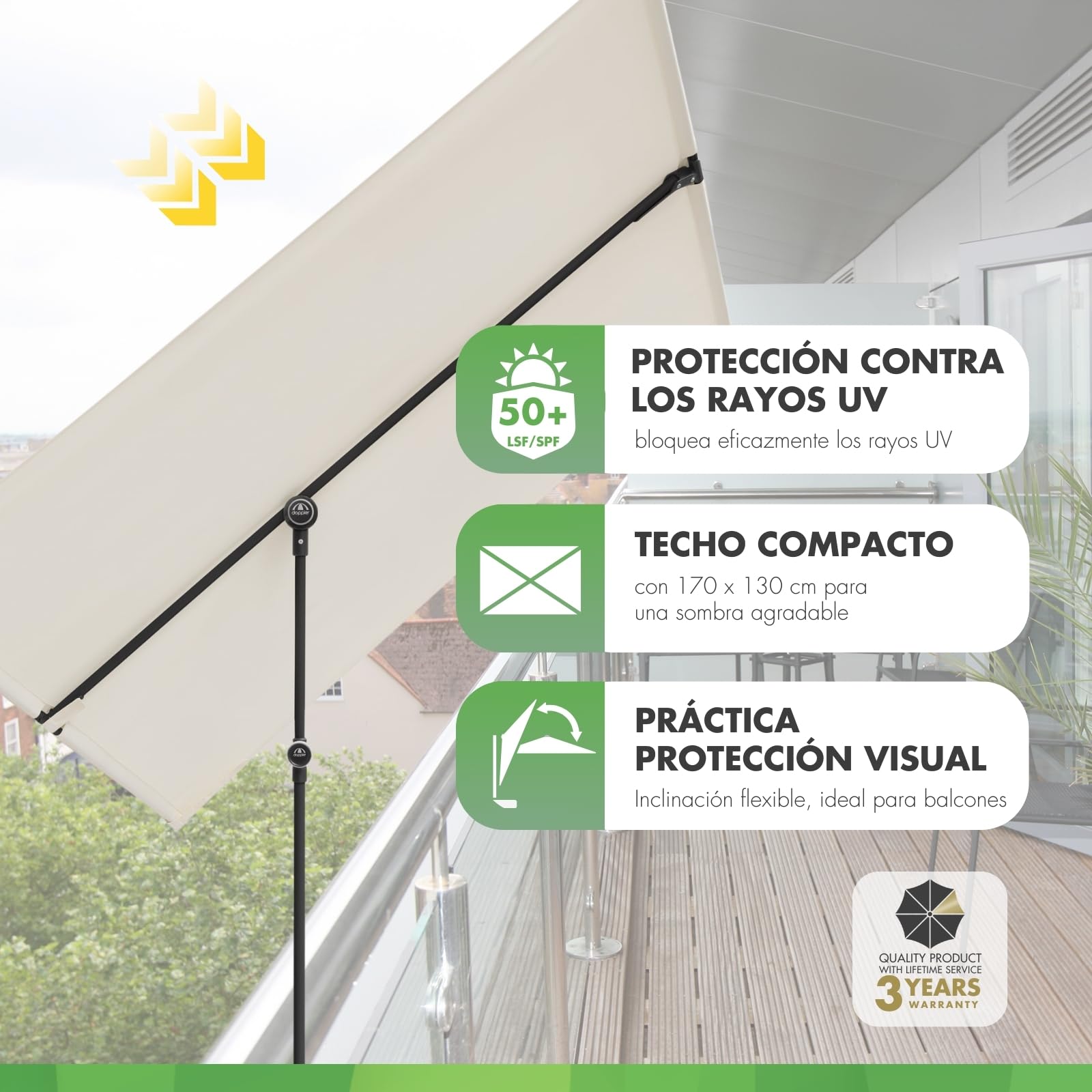 Doppler Parasol para balcón I 170x130cm I Parasol para balcón y terraza I Protección Visual Flexible I Parasol Rectangular y pivotante I Parasol de jardín para balcón