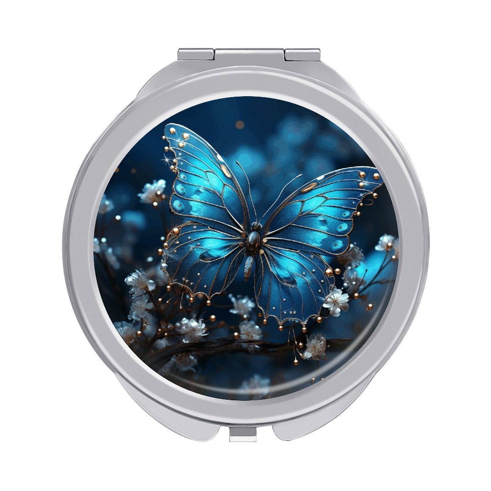 VstaDank Blue Butterfly and Moon Travel Makeup Mirror Cute Compact Mirror for Women 1X/2X Magnifying Metal Pocket Makeup Mirrors Folding Round Makeup Mirrors for Handbag Wallet & Gift