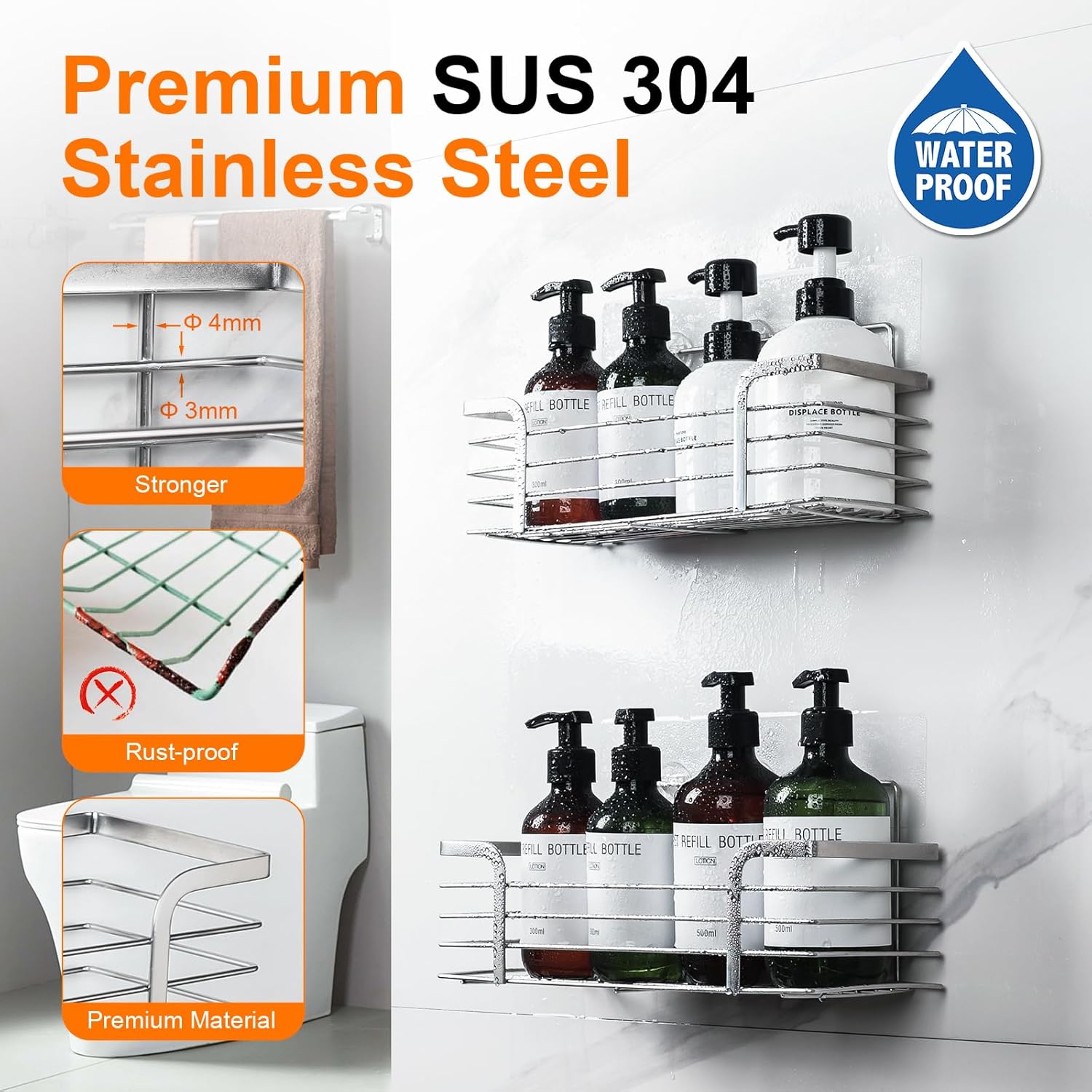 Ibergrif 2 Pack Shower Caddy – Rustproof Adhesive, No Drilling Wall-Mounted Shower Shelf, Large Capacity Durable Stainless Steel, White