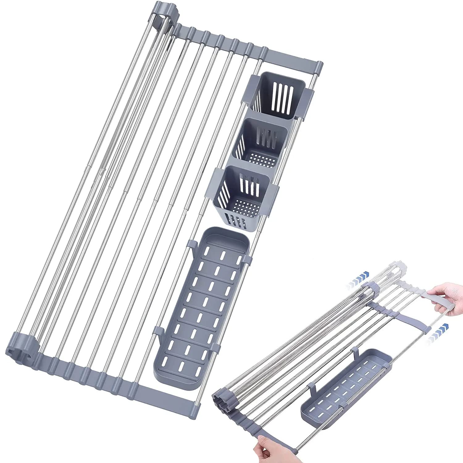 Ygapuzi Expandable Roll Up Dish Drying Rack Over the Sink, 12.6''-23.3'', Sink Drainer with Utensil Holder