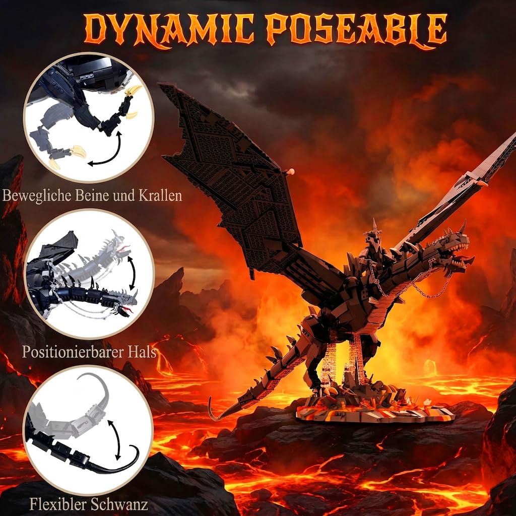 Klemmbausteine Ringe Dragon Set, 80 cm Lang, 2199 Teile | Lord Magic Rings Große Drachen Modell, Für Erwachsene, Film Fans & Sammler, Kompatibel mit Youmko YM011