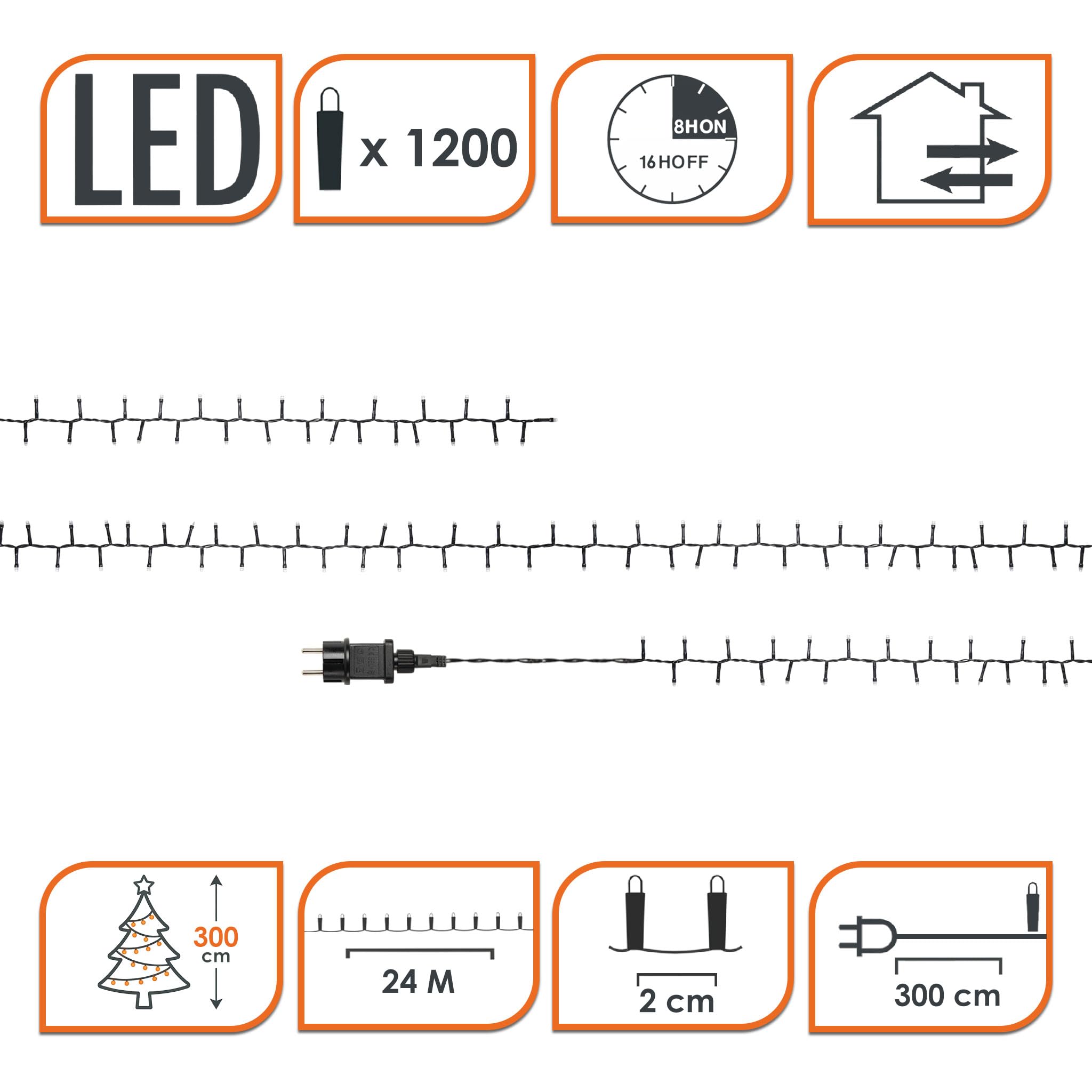 Spetebo Łańcuch świetlny LED w kształcie pęczków, ekstra ciepła biel – 24 m / 1200 diod LED – drzewko bożonarodzeniowe do ogrodu, IP44, z kablem zasilającym, oświetlenie bożonarodzeniowe do użytku