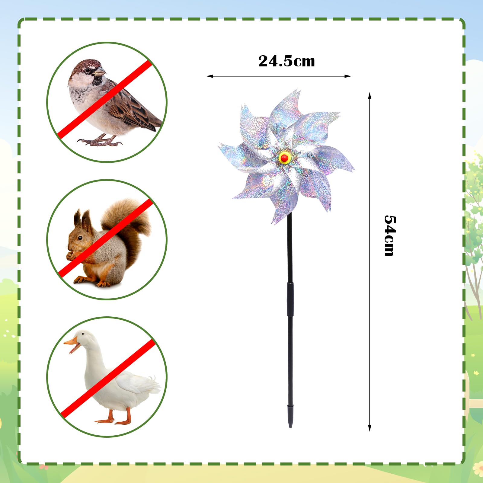 Molinillo de viento para jardín, repelente para pájaros, molino de viento plateado, molino de viento reflectante, molino de viento reflectante plateado PVC, 54,5 x 24,5 cm, para proteger