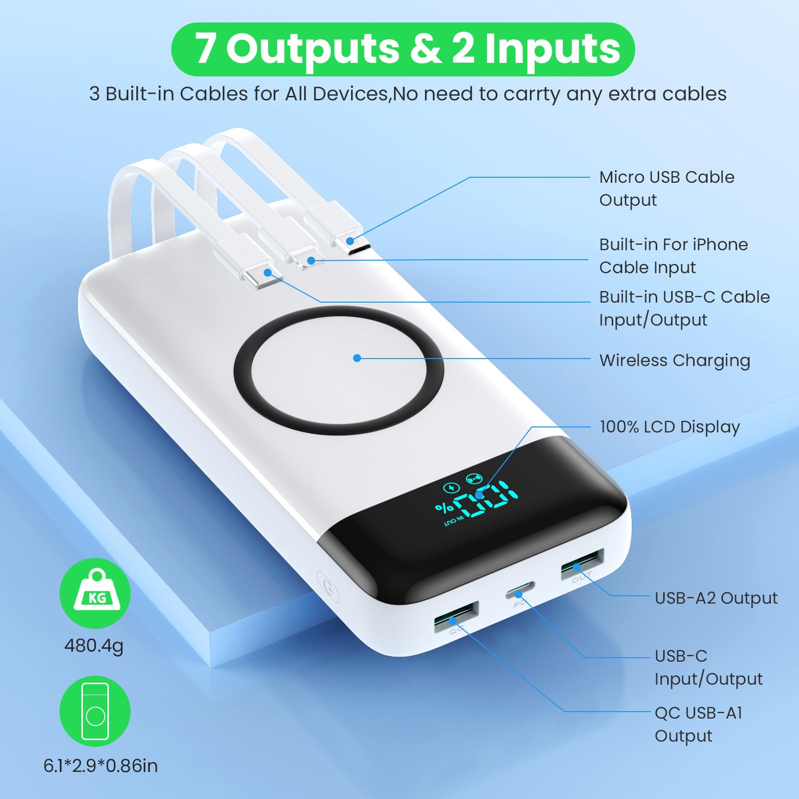 Power Bank Wireless 26800mAh con 3 Cavi, 7 in 1 Caricatore Portatile Wireless Ricarica Rapida 25W PD3.0+QC4.0, Display LCD Batterie Esterna 6 Uscite Compatibile con iPhone17/16/15Huawei Samsung-Bianco