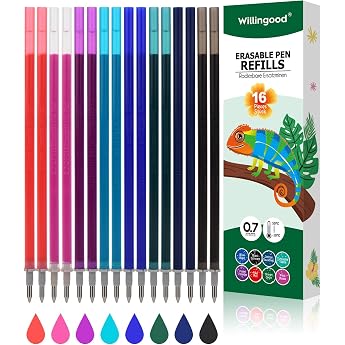 Willingood Refill for Pens [8 Colors Pack of 16] - Compatible with Legami - Easy to Erase - Pen Tip 0.7 mm Height 13 cm