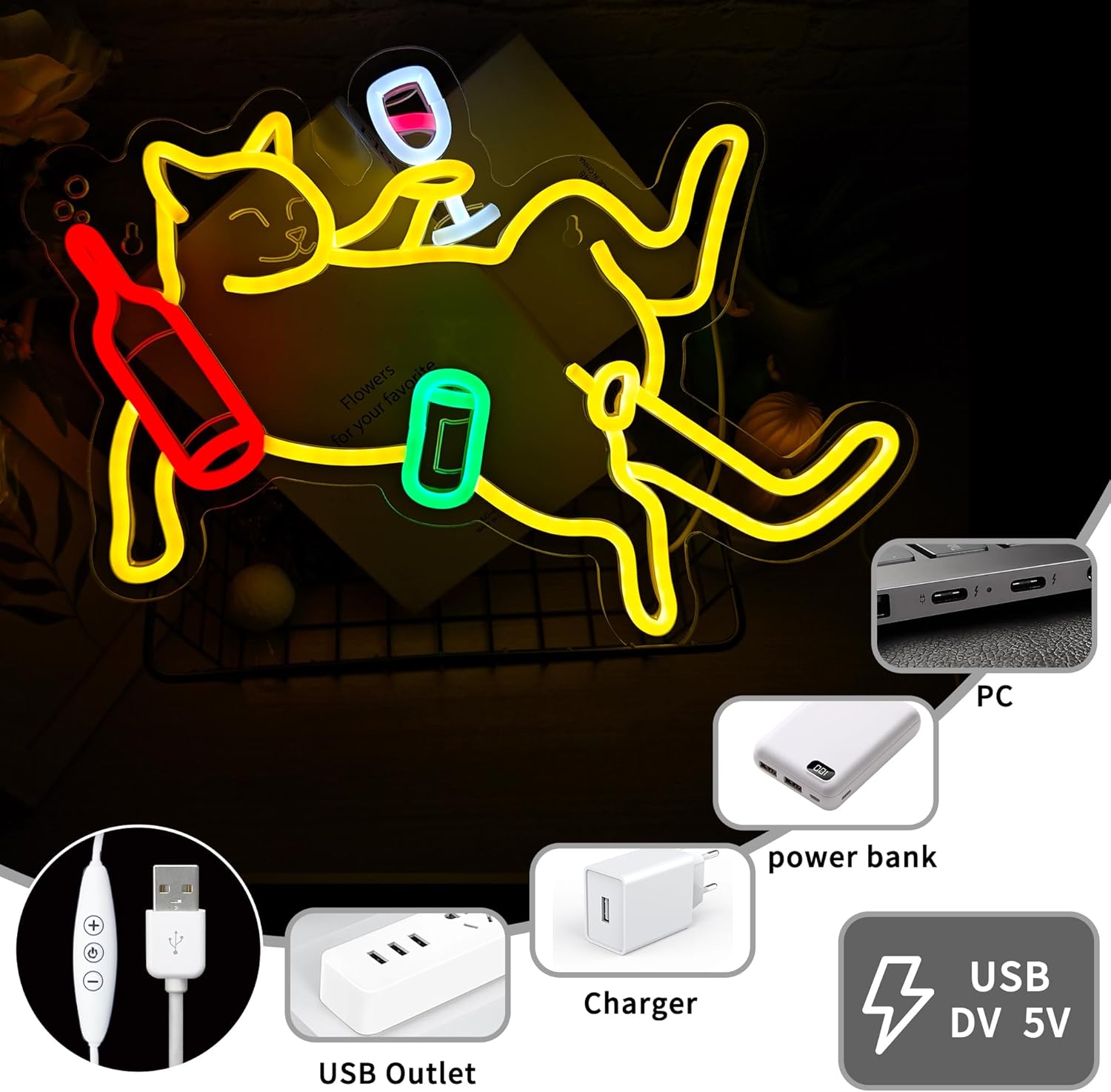 Cat Beer Neon Sign 16.53 * 11.4In With Dimmable Drunk Cat Neon Light For Wall Decoration Yellow Orange Cat Animal LED Lighting Sign For Bedroom Men Cave Home Birthday Party Home Bar Decor - Image 5