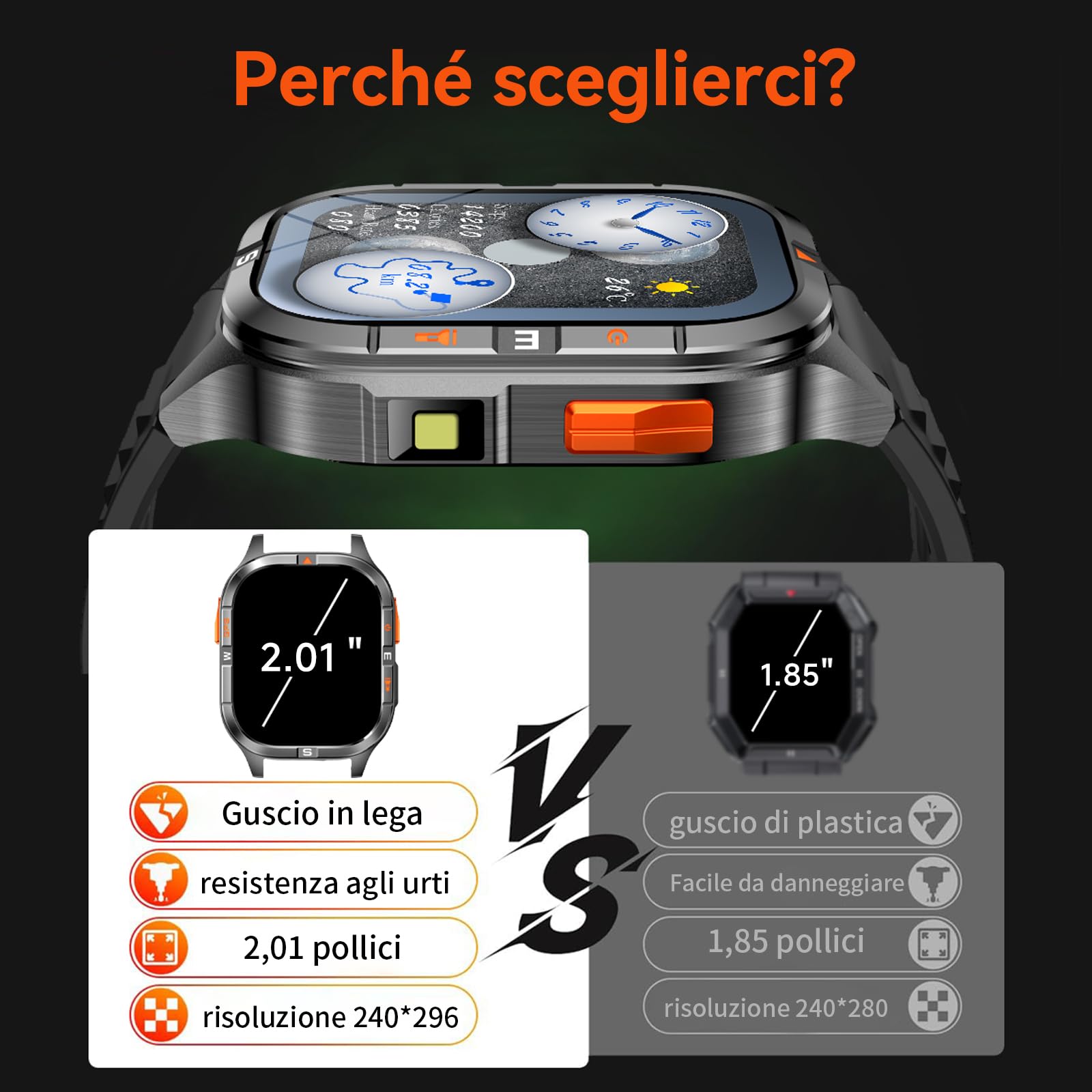 Orologio intelligente GPS militare con bussola/altezza/torcia, 2,01 pollici con schermo HD, assistente vocale/chiamate Bluetooth, per Android e iOS, diverse modalità di movimento (Nero)