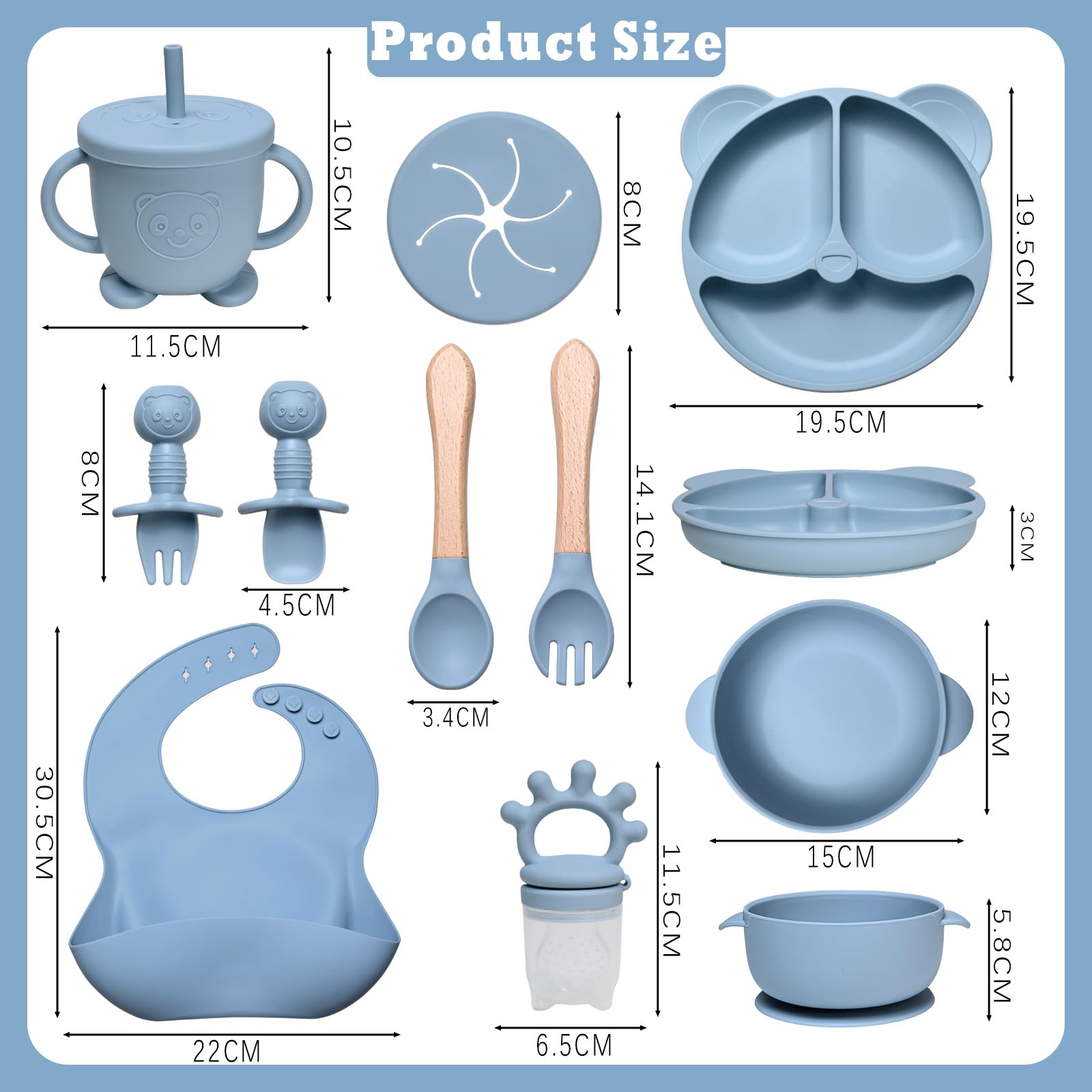 10 Pezzi Set Pappa Svezzamento, Svezzamento Set Silicone Piatto con Ventosa Ciotola Cucchiaio Forchetta Tazza Bavaglino, Training Esercitarsi A Mangiare Da Soli, Set Pappa Svezzamento(Blu)