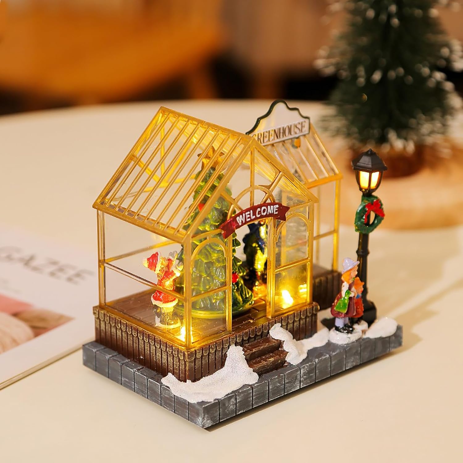 Hapivida Christmas Village House, Musical Christmas Collectible Buildings Festival Scene Welcome Greenhouse with LED Lights Indoor Tabletop Figurines Decoration Decor