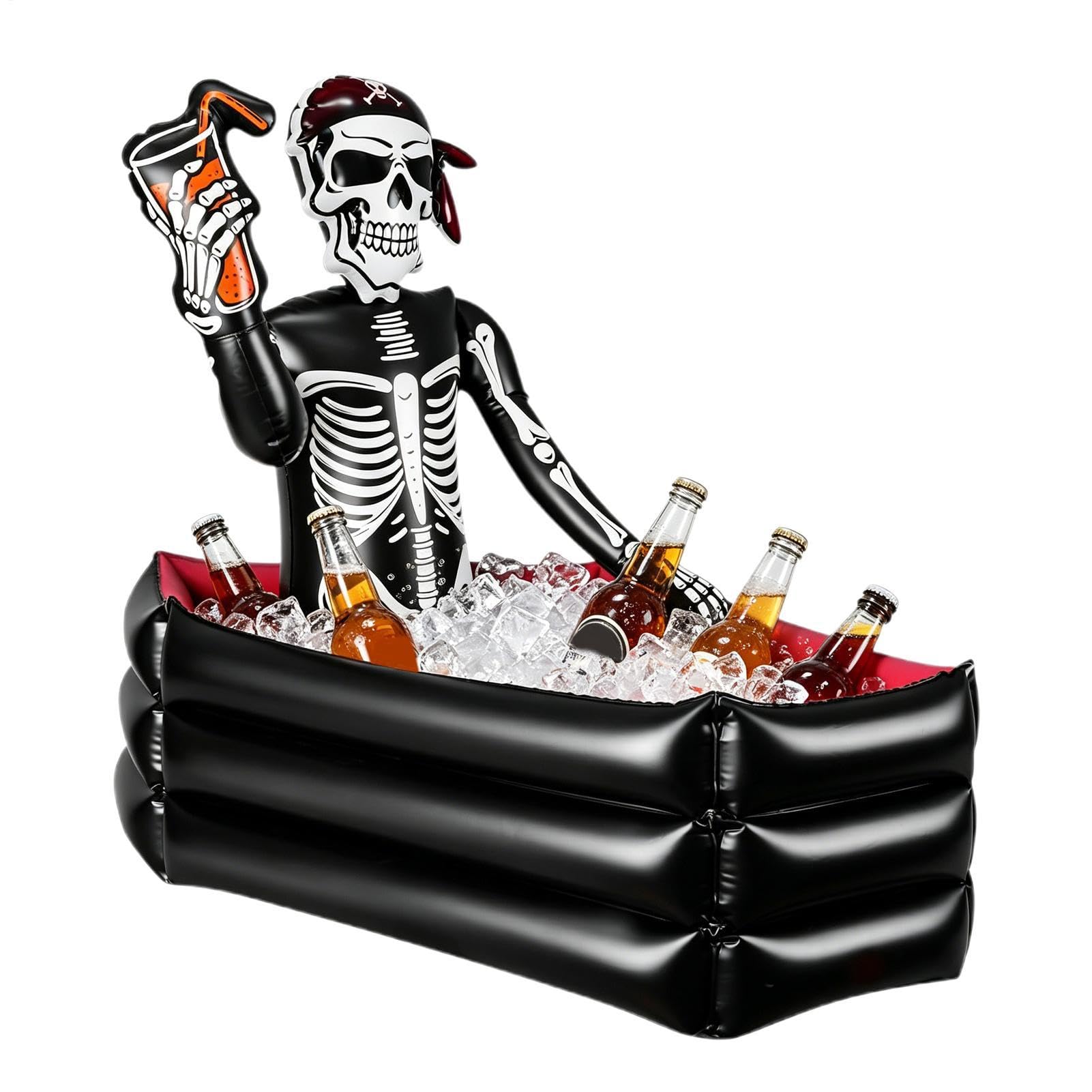 Halloween Aufblasbarer Kühler - 35 Zoll Schädel Sarg Eiskübel | Party Decor Große Kapazität Getränkehalter mit Skelett | Indoor Outdoor Garten Terrasse Pool Kühler 1000g 90x60x90cm Wiederverwendbar
