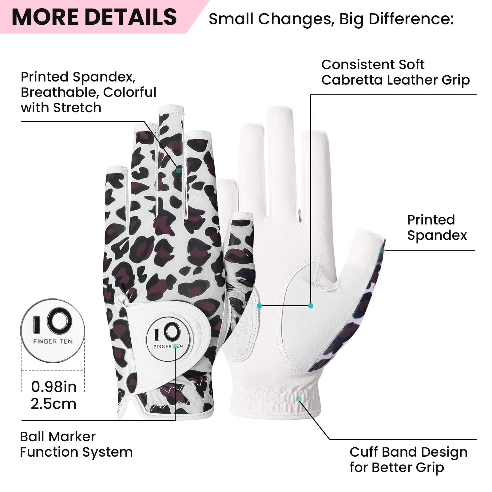 Golf Gloves Women Left Hand Right Cabretta Leather with Ball Marker Full Finger/Nail Colors Value Pack - Image 2