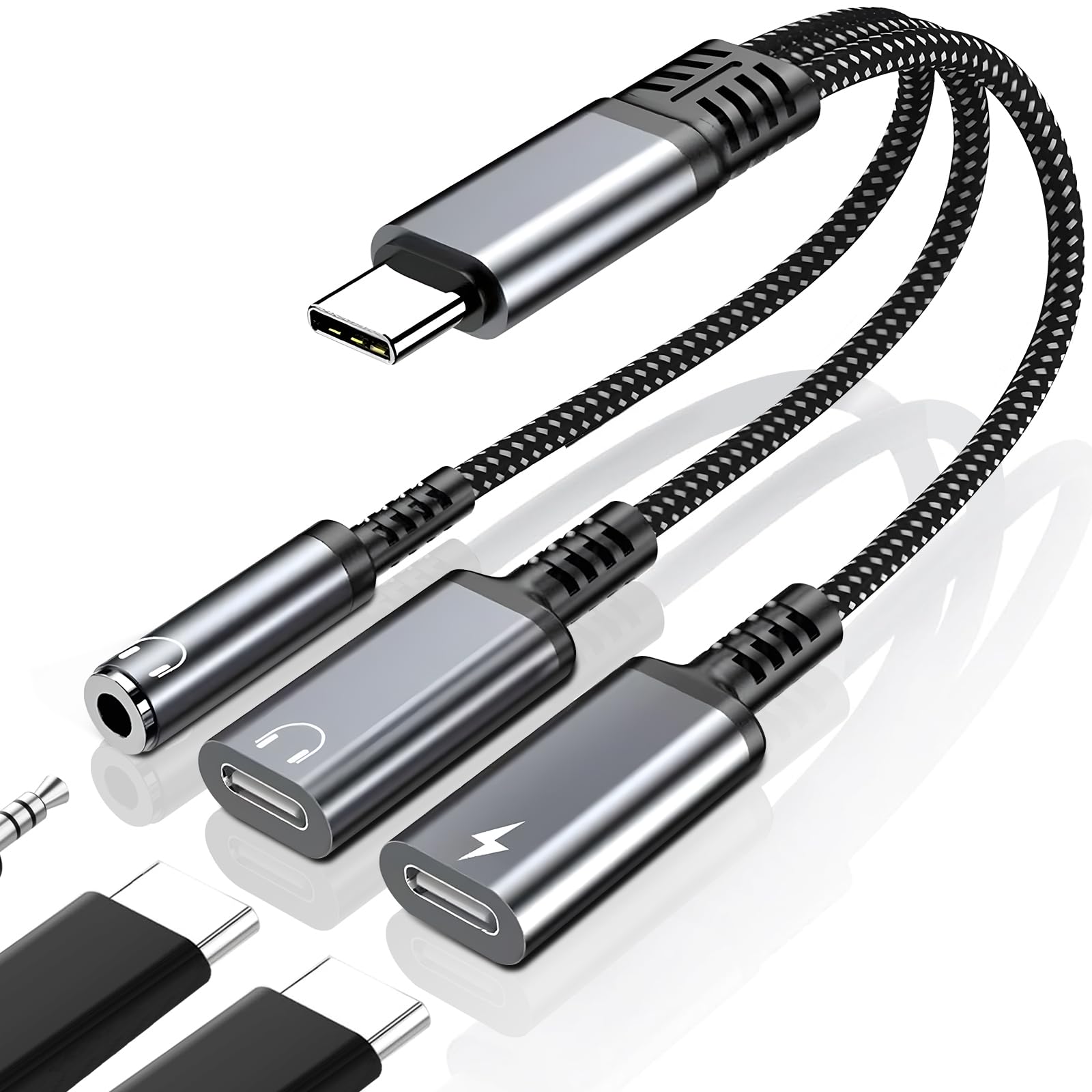 【最新登場】3in1 USB C to 3.5mm イヤホン変換アダプタ 同時音楽再生 USB Type C to タイプC 三股 充電 イヤホンジャック イヤホン変換 DAC搭載 ナイロン編み 電話/音量調節/音楽対応 i-Phone16 Galaxy Pixel 8 iPad Pro/Air等適用