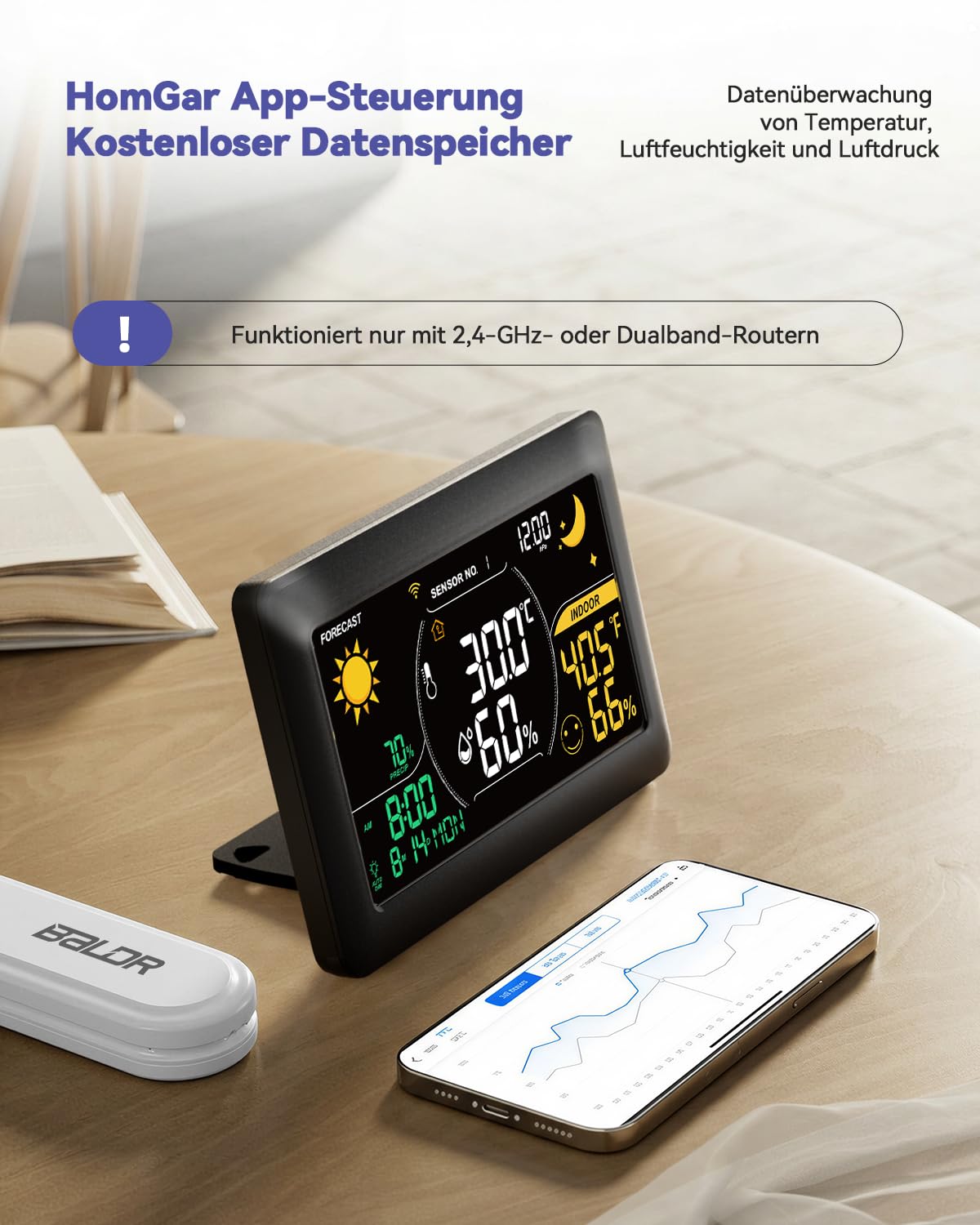 BALDR WLAN-Wetterstation mit App, 7,5-Zoll-Farbdisplay, 3 drahtlose Sensoren, kabellose Wetterstation für drinnen und draußen mit Echtzeit-Internetvorhersage