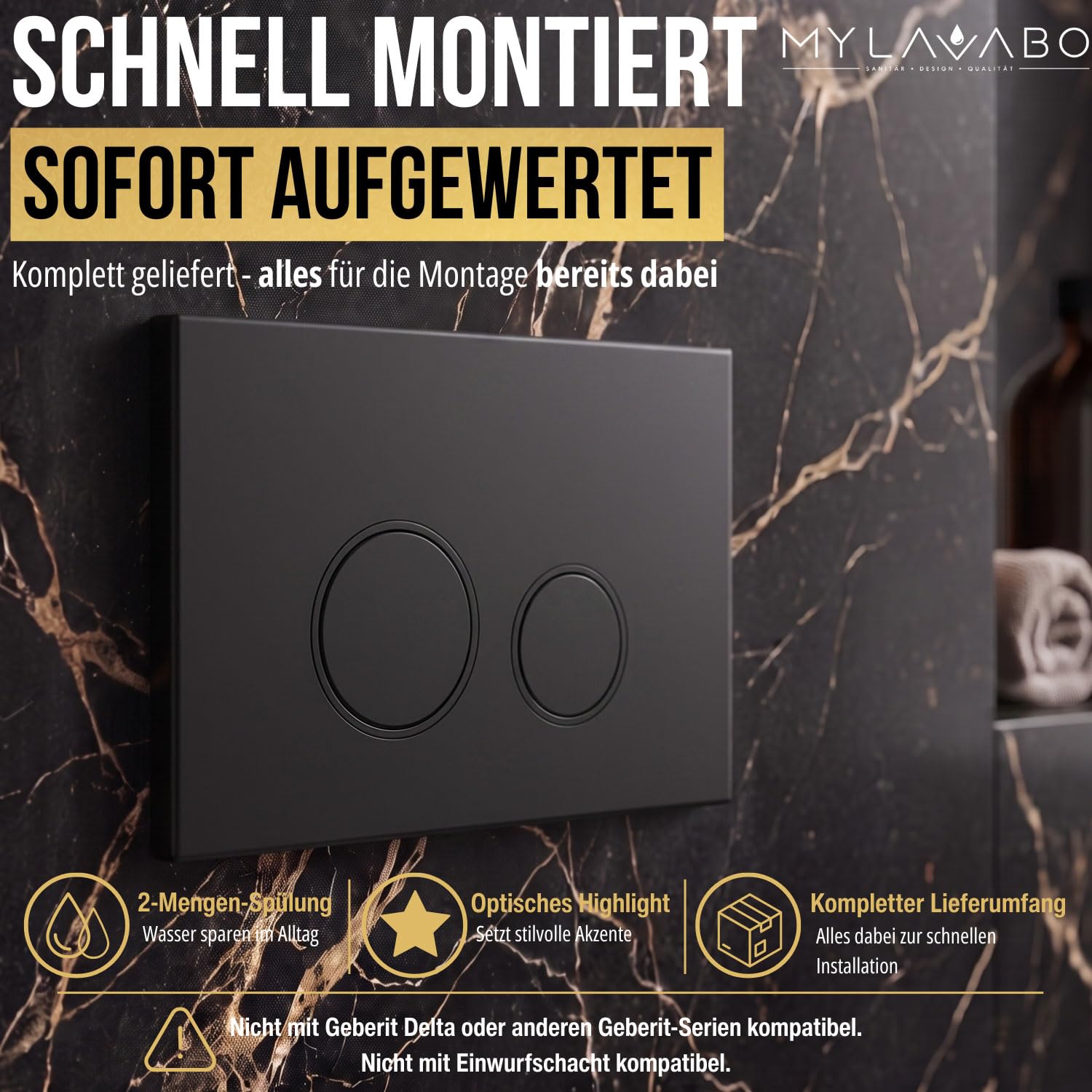 Drücker- & Betätigungsplatte passend für Geberit Sigma (Kunststoff, schwarz, schwarze Ringe) | sw-sw-sigma