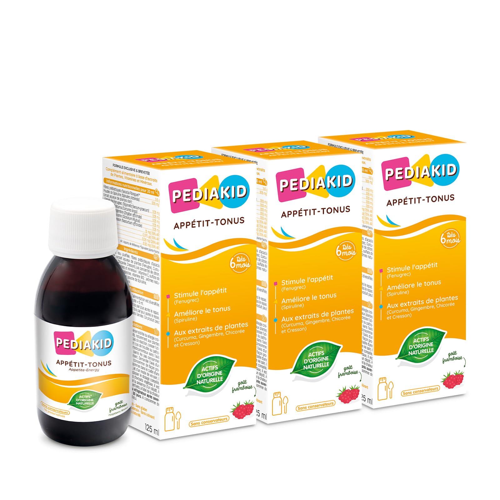 PEDIAKID - Sirop Appétit-​Tonus - Complément Alimentaire Naturel - Formule Exclusive au Sirop d'Agave - Stimule l'Appétit - Aide à la Prise de Poids - Lot de 3 flacons de 125 ml