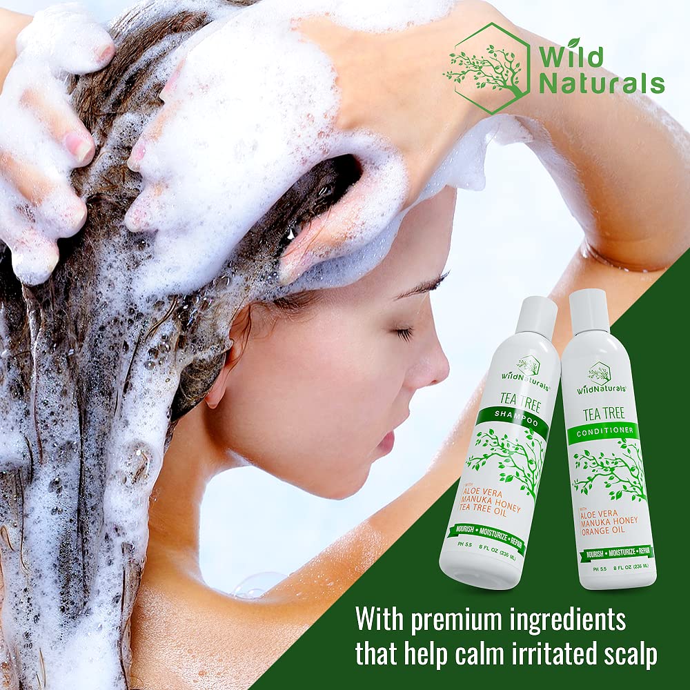 Wild Naturals Shampooing et après-shampoing à l'huile d'arbre à thé, traitement pour cuir chevelu sec, soulage les démangeaisons, formule anti-pelliculaire et épaississante pour hommes et femmes, tous