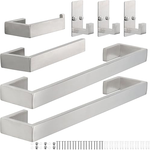 Miniatura 8 de TocTen Juego de 4 piezas de accesorios de baño cuadrados de acero inoxidable para toallas montado en la pared, incluye toallero, soporte para