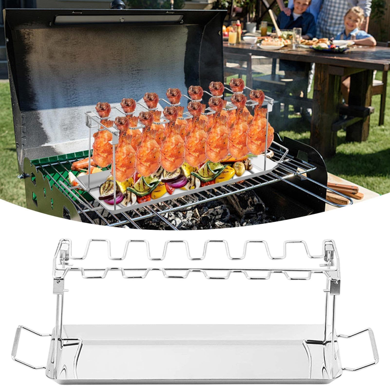 Składany stojak do grillowania ze stali nierdzewnej na udka kurczaka, nieprzywierające narzędzie do grillowania na podwórku, na kemping i imprezy przy grillu, trwały i przenośny
