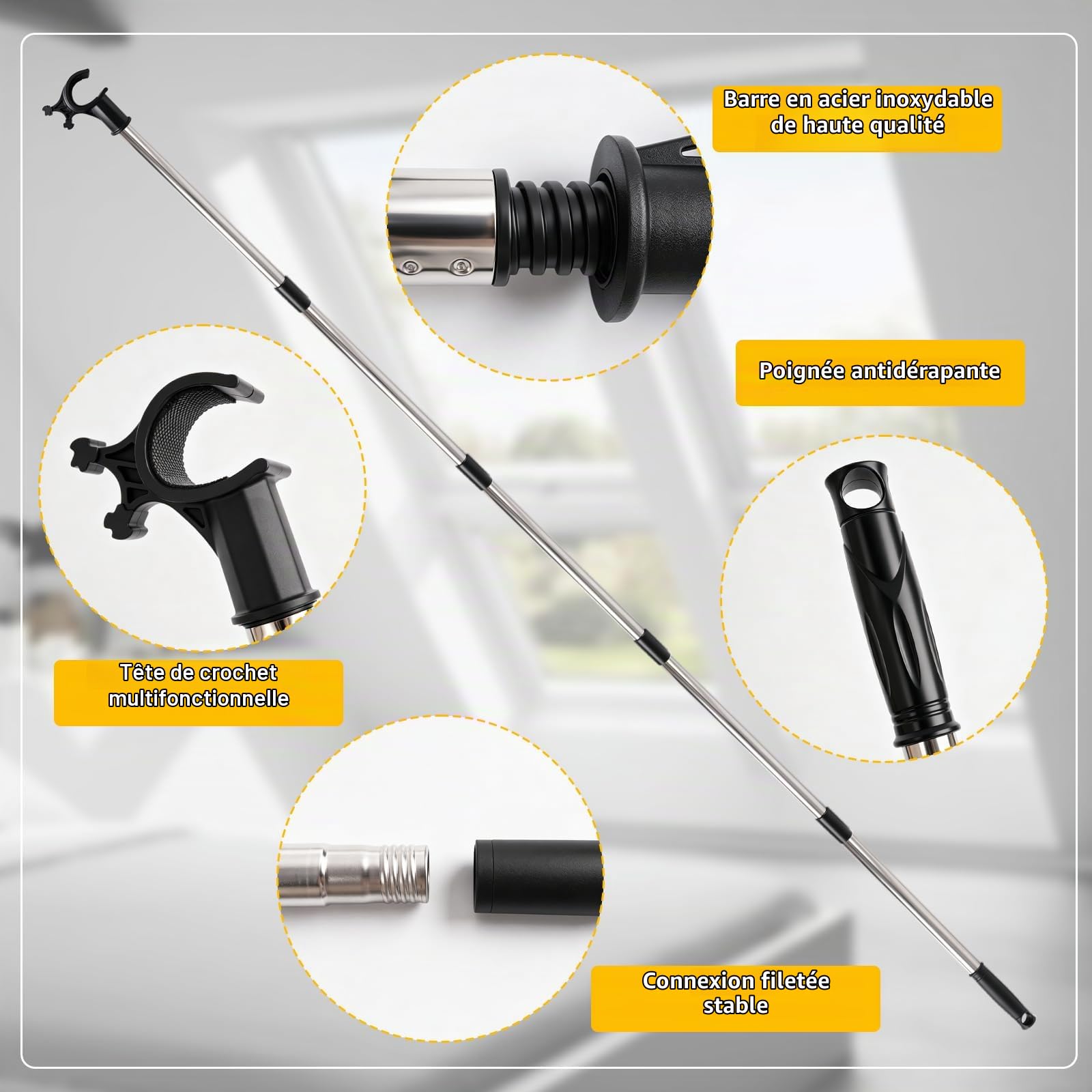 Canne Télescopique Fenêtre de Toit 1,86 m, Perche de Commande avec Crochet pour Ouvrir et Fermer les Fenêtres de Toit et Stores, Compatible VELUX GGL GGU GPL GHL