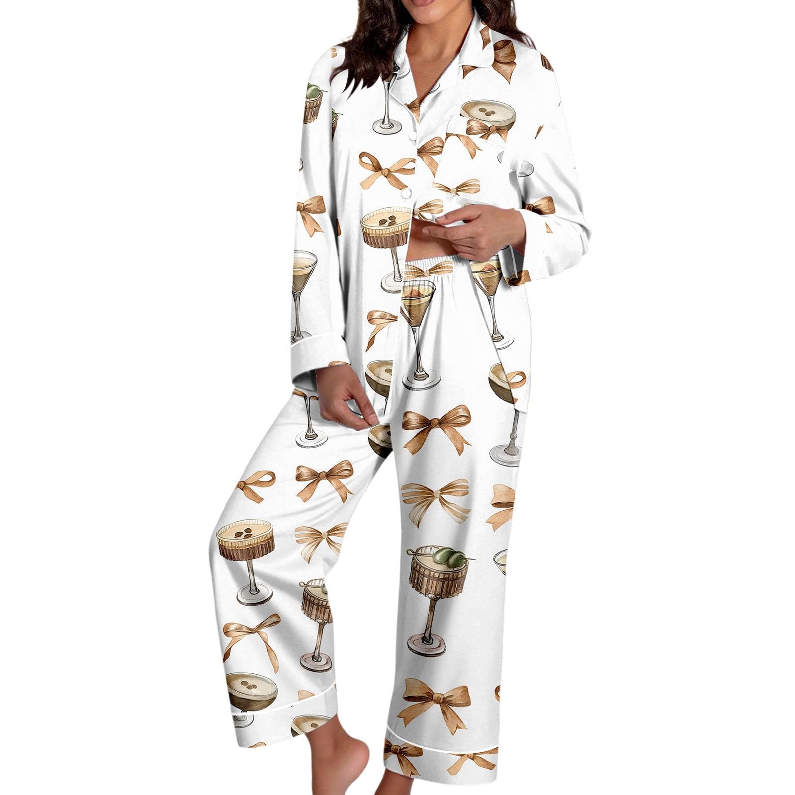 Lässiger mit Print, langärmeligem Oberteil Hose, weiche Bequeme Schlafbekleidung für Nacht mit elegantem Blumenmuster 8