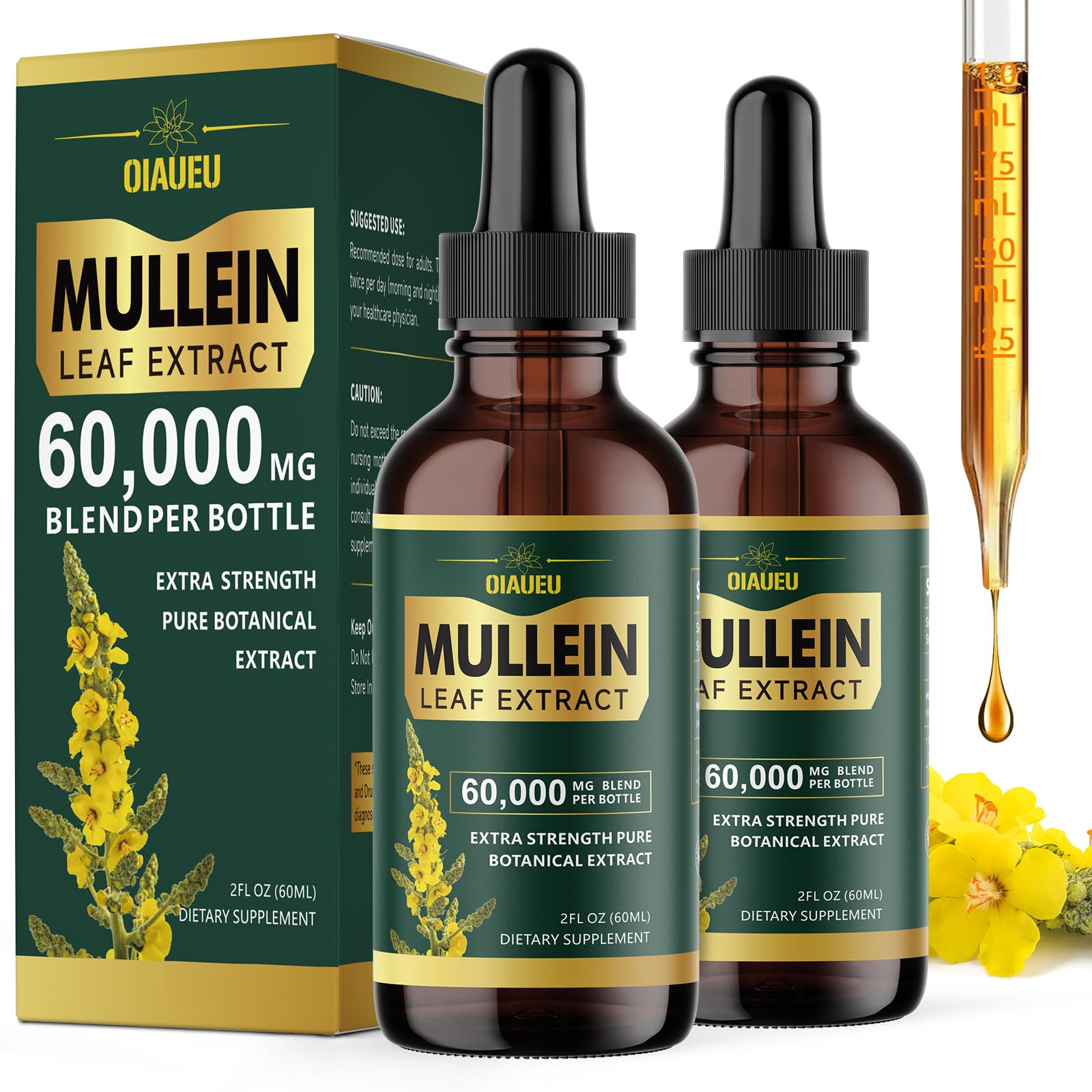 Organic Mullein Drops for Lungs, Mullein Leaf Tincture Support Lung Cleanse, Natural Supplement Liquid Extract for Lung Detox and Respiratory Health, Vegan, 2 fl oz(Pack of 2)