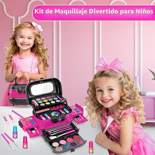 Miniatura 6 de Hollyhi Kit de maquillaje infantil de 58 piezas para niña, juguetes de princesa, juego de cosméticos lavables reales con espejo, juegos de