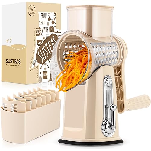 SUSTEAS Rotary Cheese Grater with Handle - Vegetable Shredder with 5 Well-designed Blades & Strong Suction Base,Round Mandoline Slicer & Food Chopper for Kitchen,with Blade Storage Box(Beige)