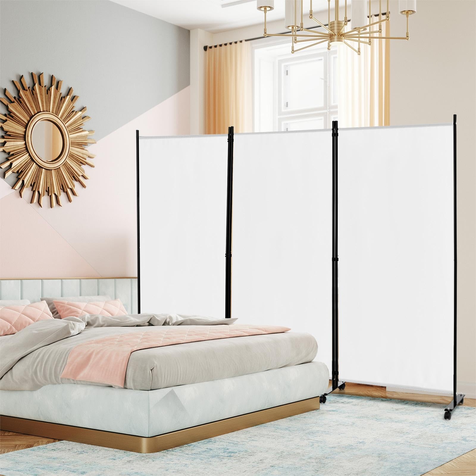 GIANTEX Paravent de séparation intérieur sur roulettes - 3 pièces - 262 x 180 cm - Paravent Pliable - Mur Espagnol autoportant avec Pieds Larges - Cloison en Tissu - Protection privée (Blanc)