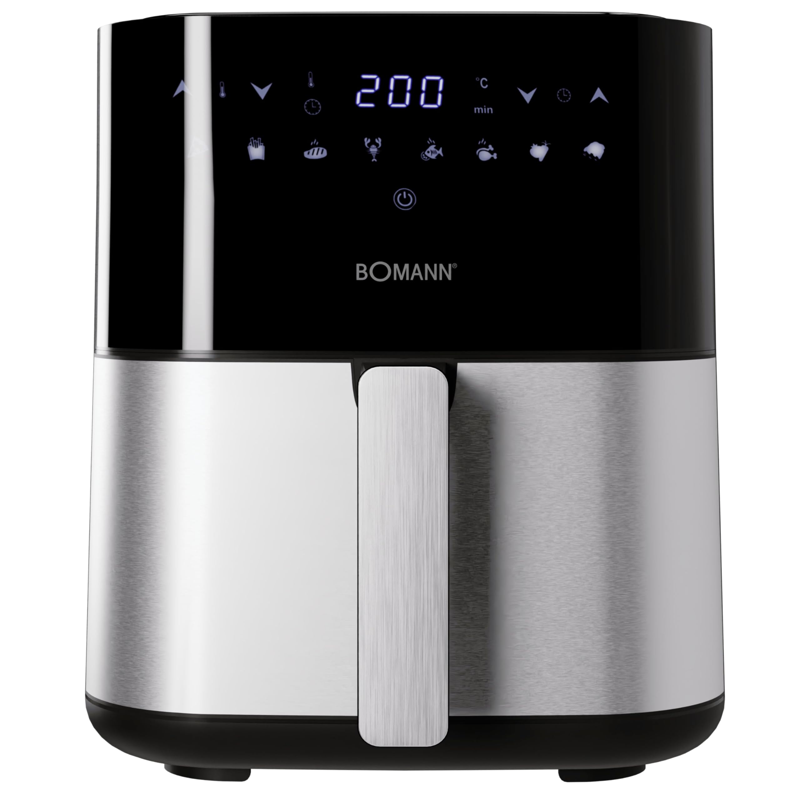 Bomann, Frytkownica na gorące powietrze 5L, 8 programów automatycznych z indywidualną regulacją czasu i temperatury, Ekran LED, 5L, FR6069HCB, Czarny/Stal nierdzewna