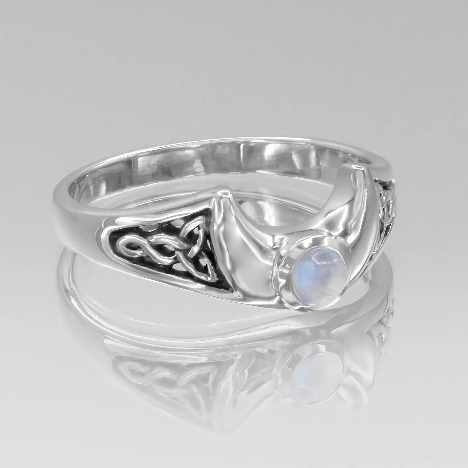 Moonlight Mysteries Wiccan Moon Ring with Rainbow Moonstone Gemstone and Celtic Knotwork Design (Sizes 4-15)