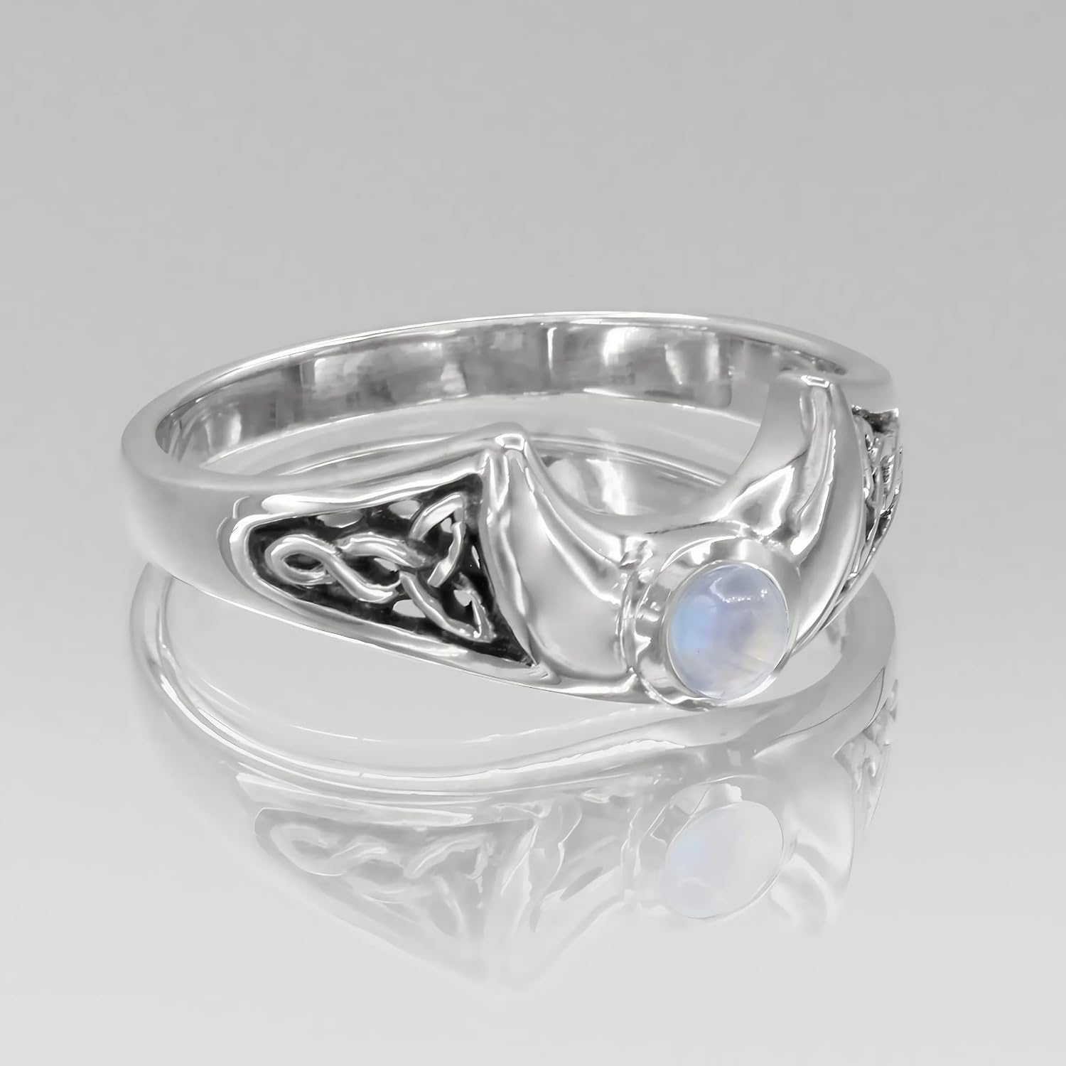Moonlight Mysteries Wiccan Moon Ring with Rainbow Moonstone Gemstone and Celtic Knotwork Design (Sizes 4-15) - Image 4