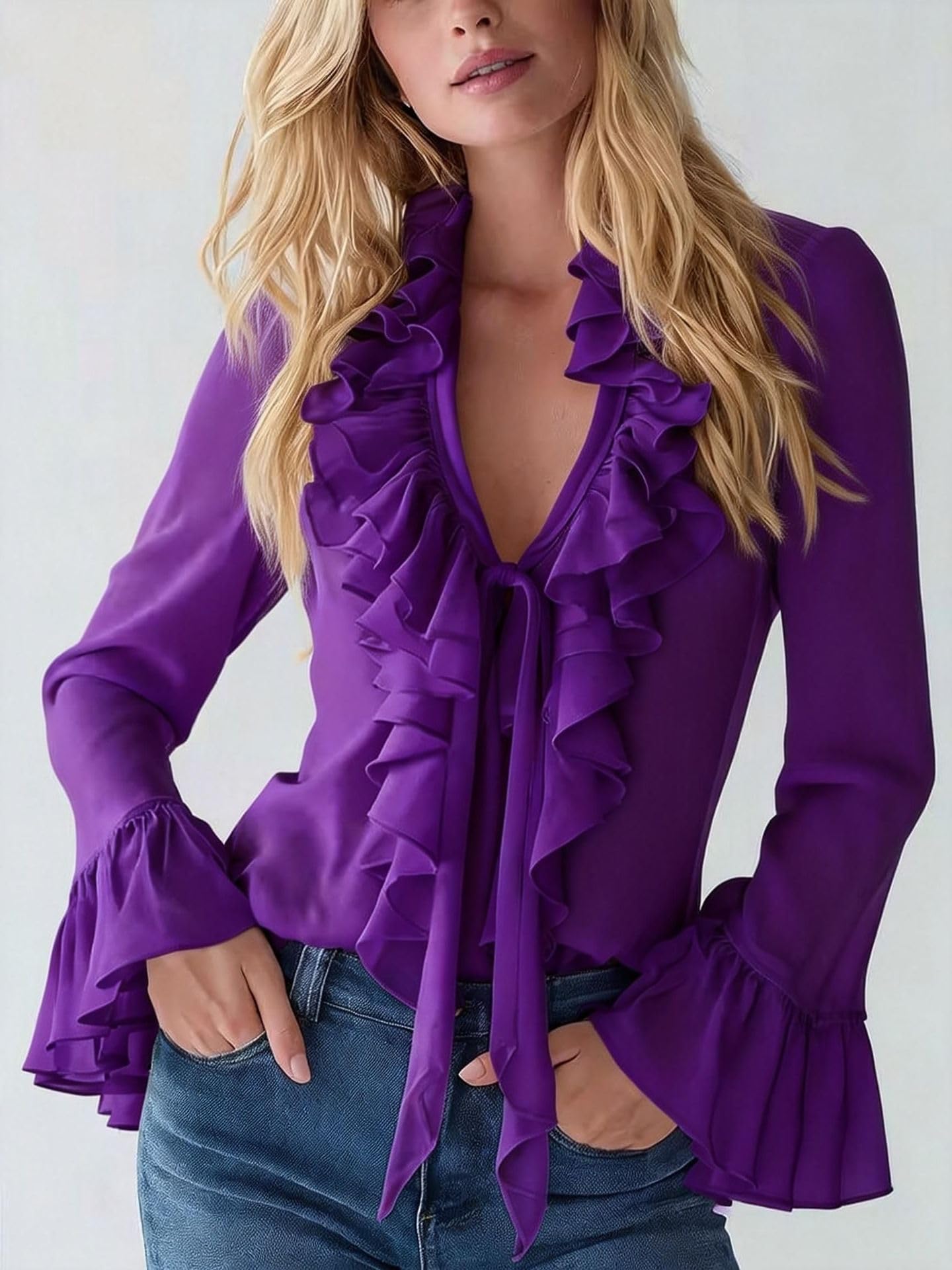 Elegante blusa de gasa con cuello en V y volantes para mujer, manga larga, con volantes, lazo frontal, cuello con volantes, blusa de gasa