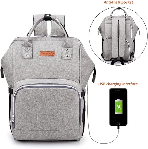 Miniatura 5 de cjc Mochila para pañales, bolsa de bebé, bolsa de pañales de viaje impermeable con puerto de carga USB para bebés, niñas, bebés, con correas para