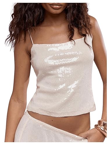 Women's Glitter Sequin Cami Tops Sparkly Going Out Tops Spaghetti