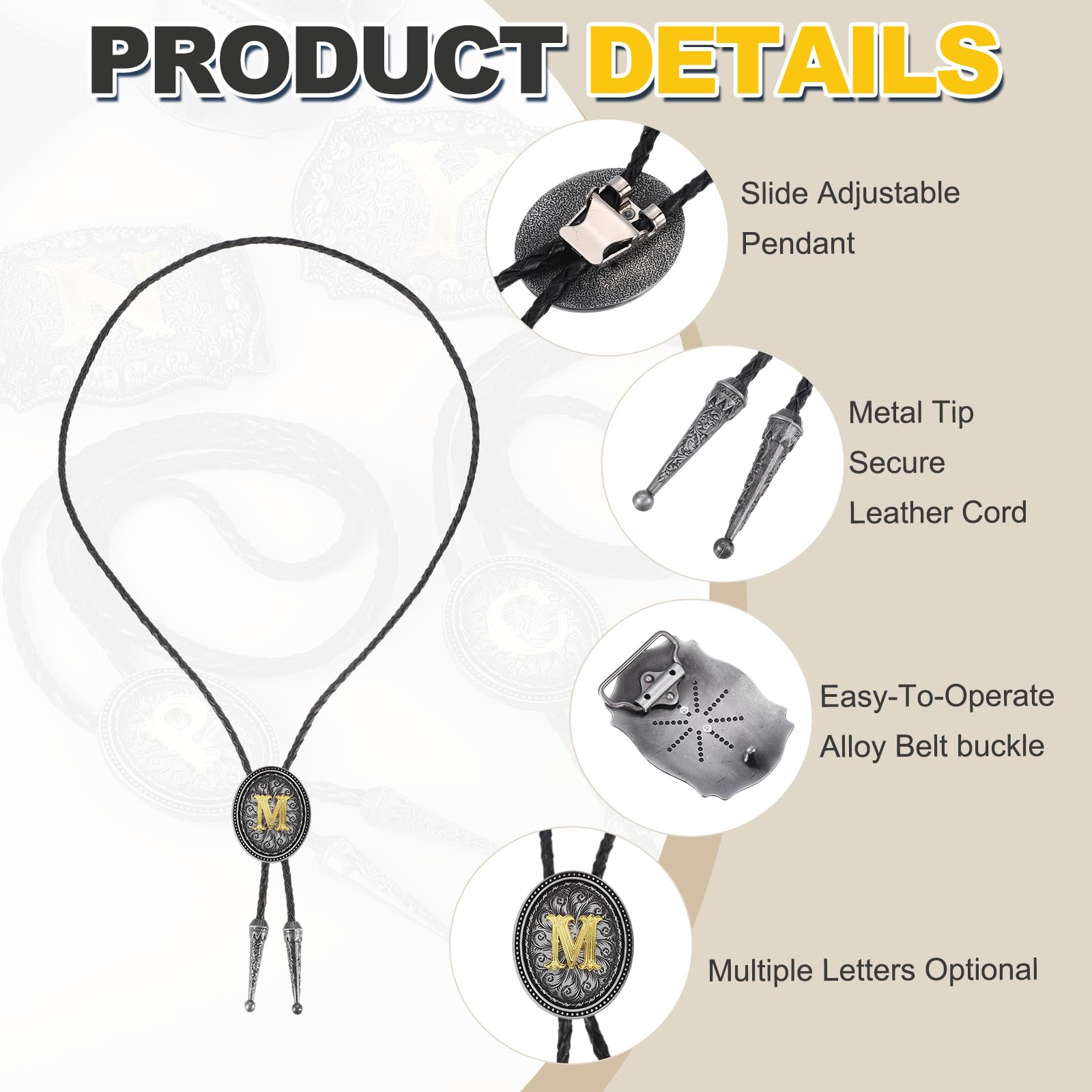 QUARKZMAN 2 Pcs Western Cowboy Bolo Tie And Belt Buckle Set Golden Initial Letter M Cowhide Rope Necktie For Women Men Costume Traditional Vintage Accessories, Grey Black/Gold