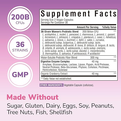 Miniatura 10 de Probióticos para mujeres, 30 cepas, 100 mil millones de UFC, probióticos vaginales con enzimas digestivas, prebióticos y arándanos para la salud