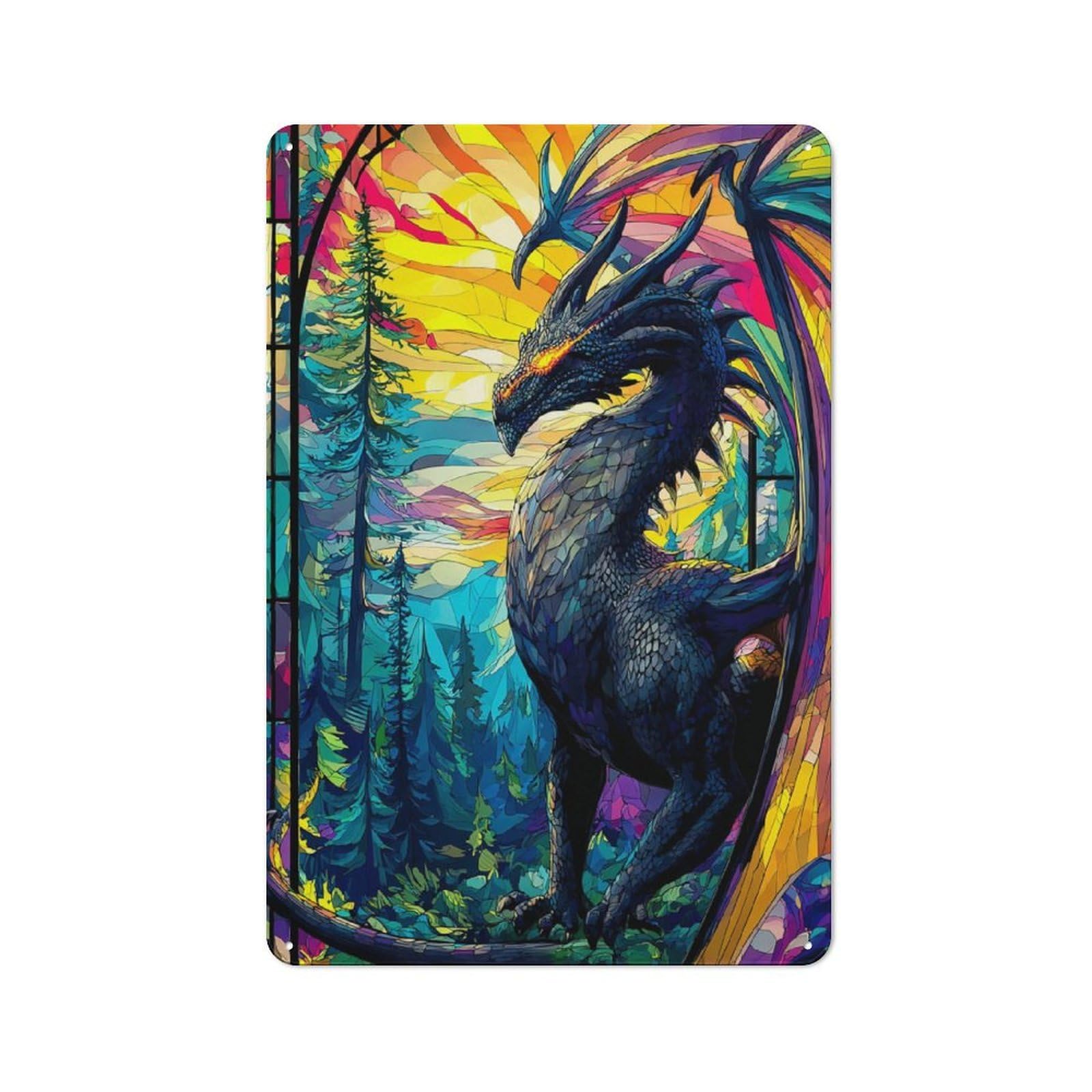 Junmoney Stained Glass Dragon Majesty -1 Metal Wall Sign 30X20cm Featuring For Café Or Restaurant, A Decorative Metal Sign For Cafés And Restaurants