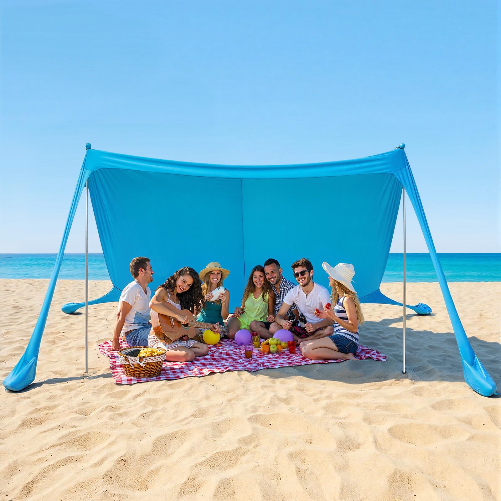 VEVOR Tenda Parasole da Spiaggia per Esterno Protezione Solare UPF50+ con Ancoraggio Dimensioni 3,4 x 3,4 x 2 m, Parasole da Spiaggia con Pali di Supporto Tenda Portatile per Campeggio Viaggio, Blu