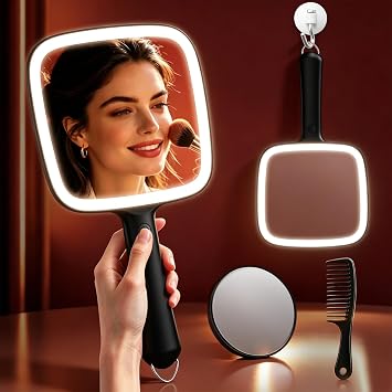Famihomii Rechargeable Lighted Handheld Mirror, Hand Mirror with Magnifying
