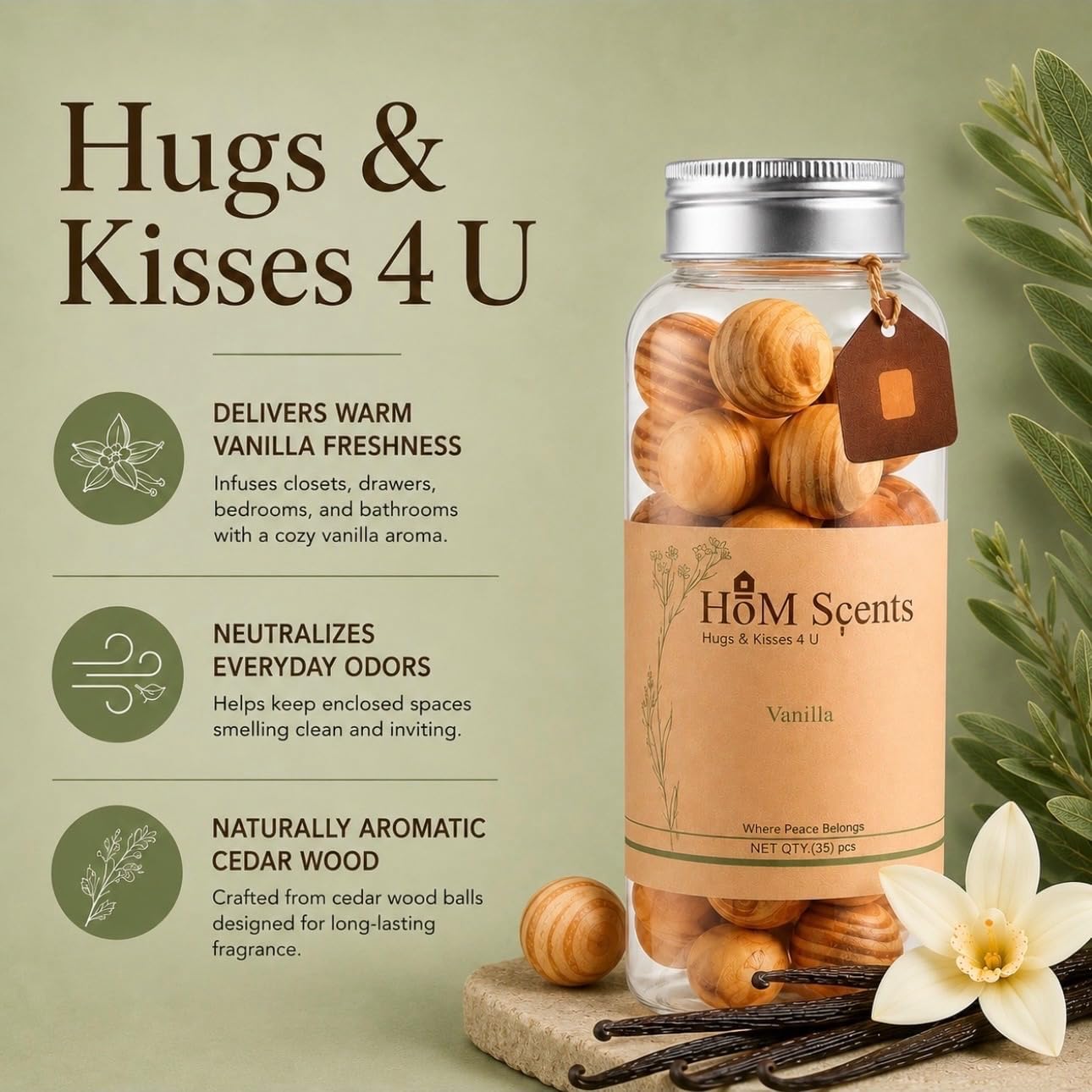 Vanilla Cedar Balls - 35pcs, Long-Lasting Home Fragrance for Bedrooms, Bathrooms, Closets, Air Freshener, Odor Eliminator