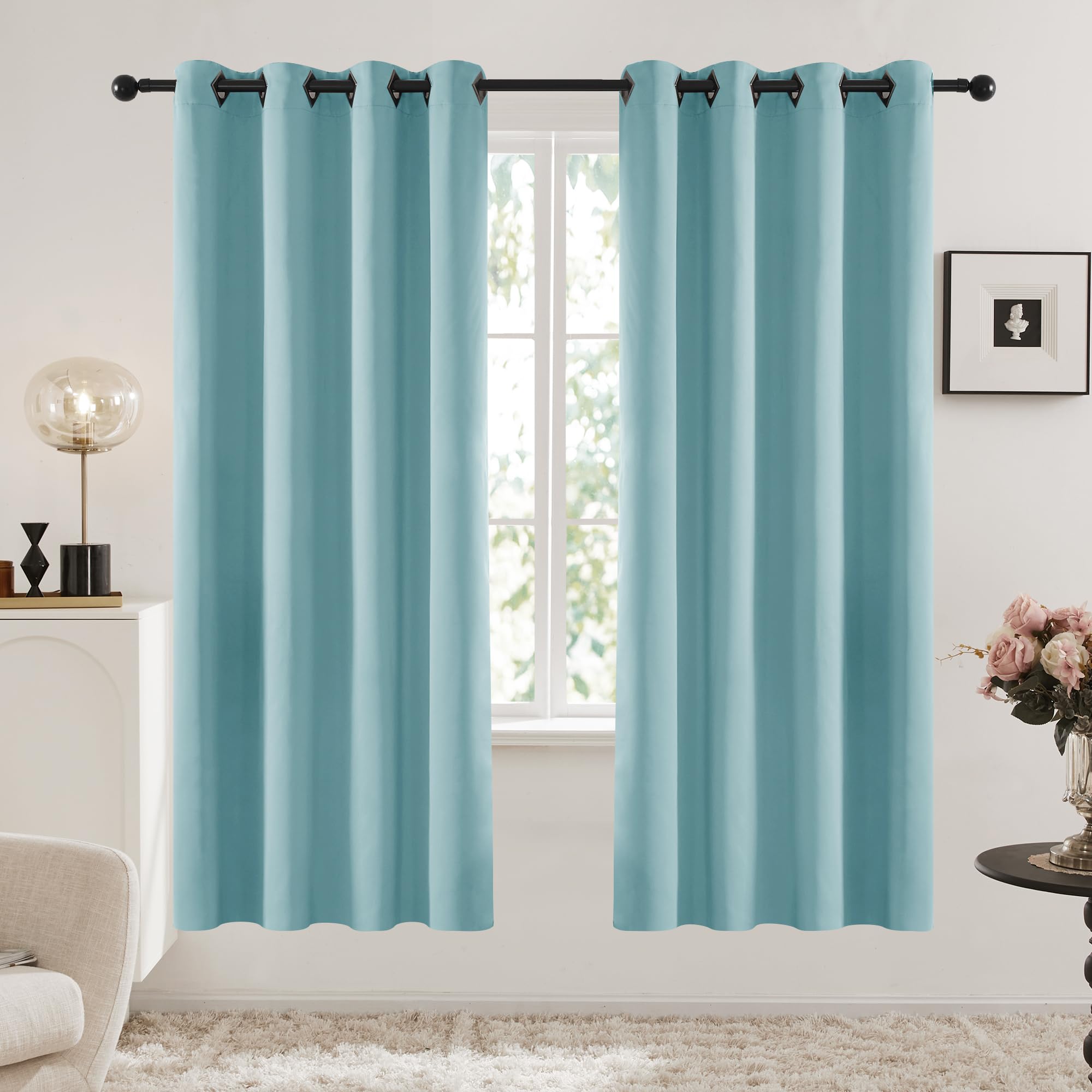 Deconovo Blackout Curtains with Black Eyelets, Super Soft Thermal Insulated Window Panels, Energy Saving Curtains for Living Room, W 52 x L 84,Powder Blue,2 Panels