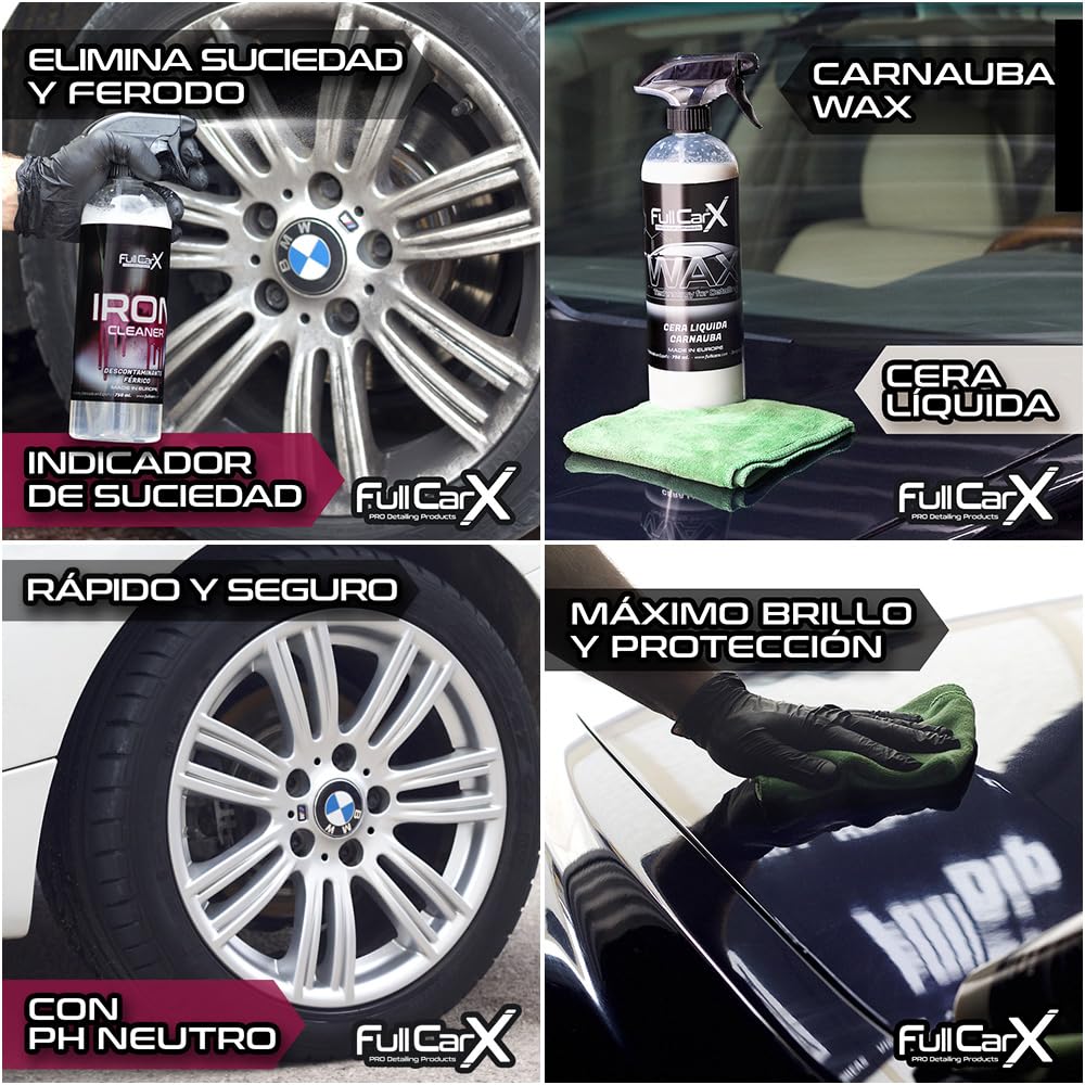 FULLCARX Kit Limpieza Coche Exterior Interior Detailing, Limpia Llantas, Tapicería, Renovador Plásticos Salpicaderos, Champú PH Neutro y Alcalino Rosa, Cera Carnauba, APC Listo al Uso Limpiacristales
