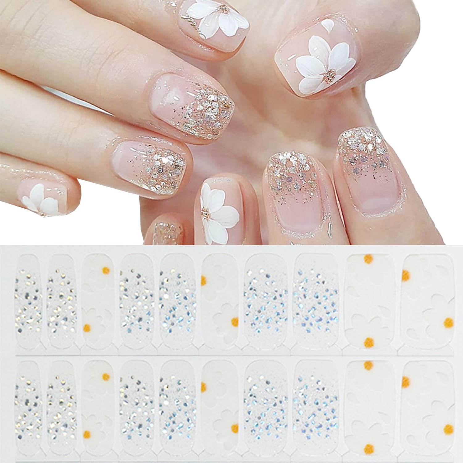 NEWSPIED White Flowers Nail Polish Strips Full Wraps Stickers Spring Gel Nail Strips Floral Glitter Design Gel Nails Stickers for Nail Art Decoration