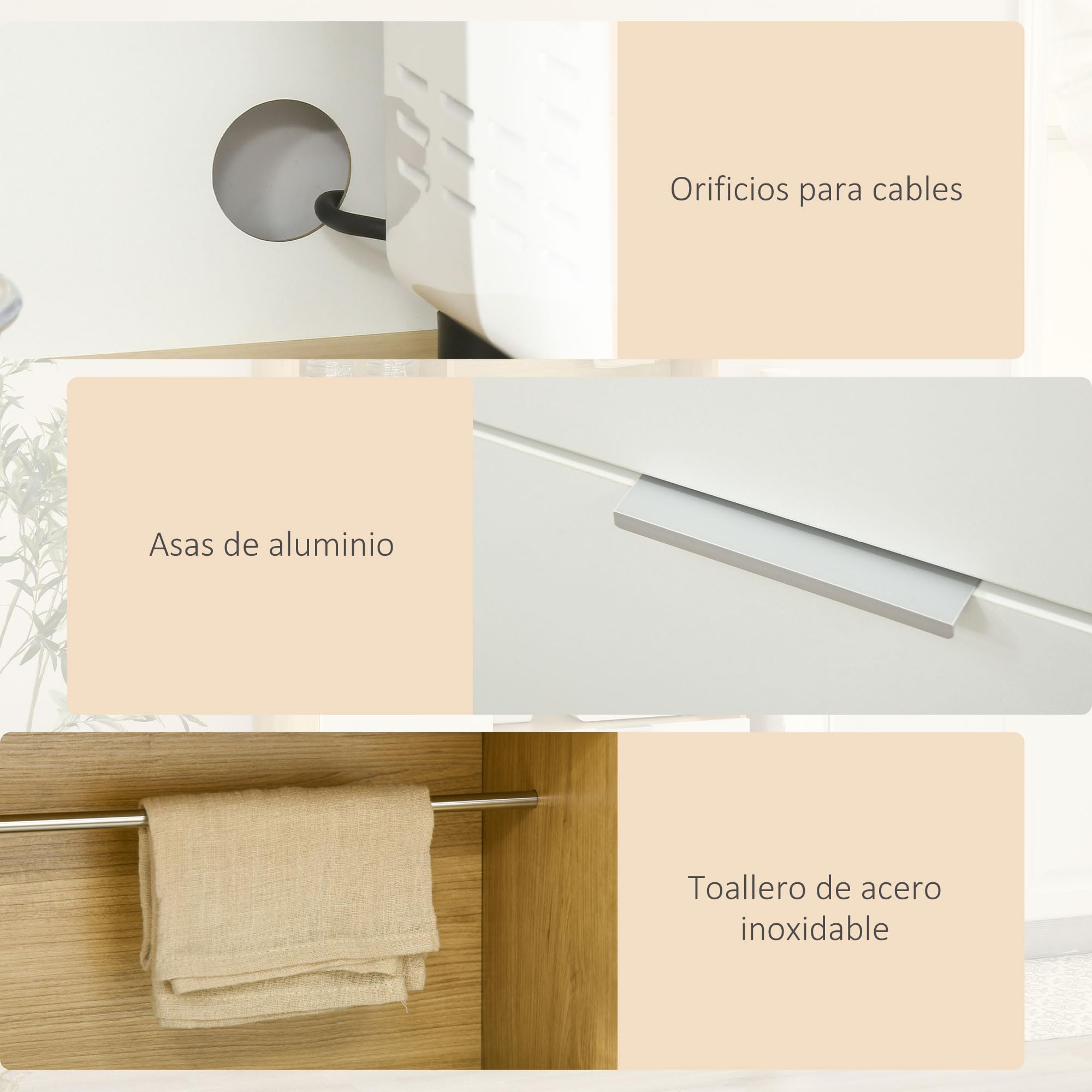 HOMCOM Alacena de Cocina Despensa Armario de Cocina Aparador Alto con 3 Puertas Cajón Estante Ajustable Encimera para Microondas y Toallero 93x40x180 cm Natural y Blanco