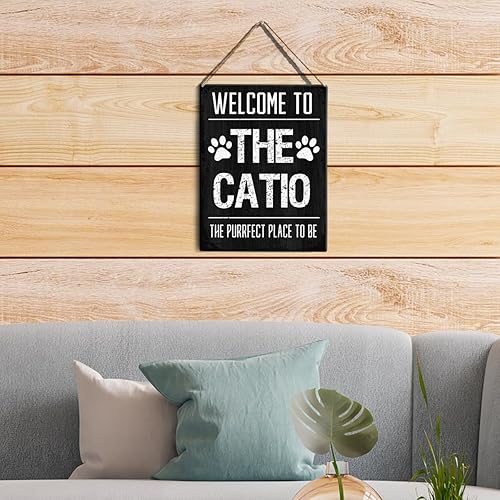 Miniatura 4 de Letreros colgantes de madera con texto en inglés "Welcome to the Catio the Purrfect Place to Be", decoración de pared rústica con diseño de gato