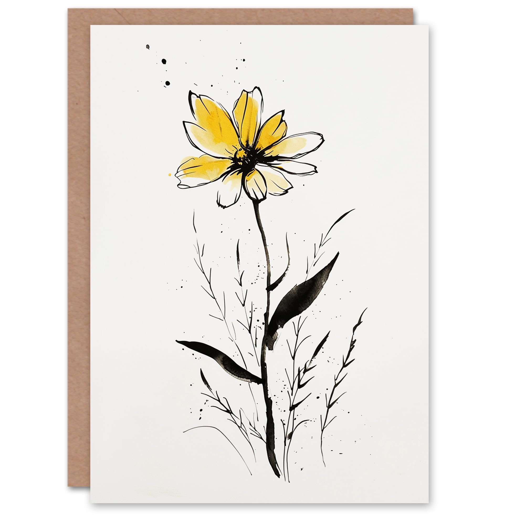 Artery8 Single Yellow Daisy Flower Floral Ink Drawing For Her Woman Birthday Card